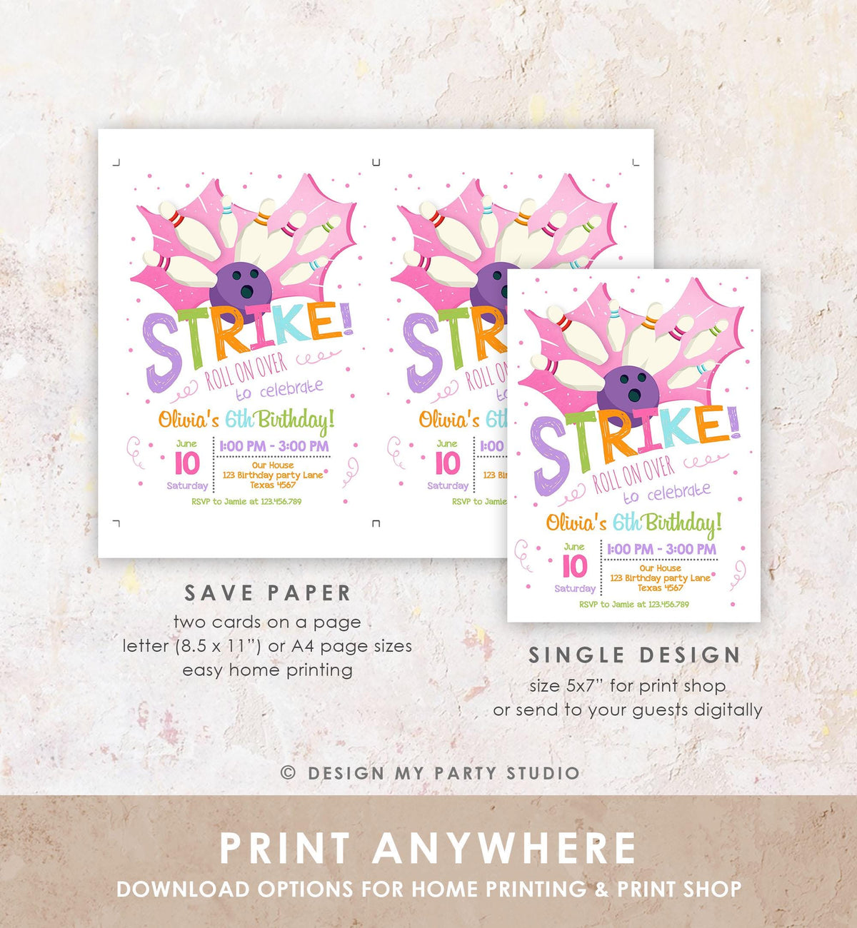 Editable Bowling Birthday Party Invitation Girl Pink Purple Bowling Party Strike Kids Download Printable Invitation Template Evite 0081