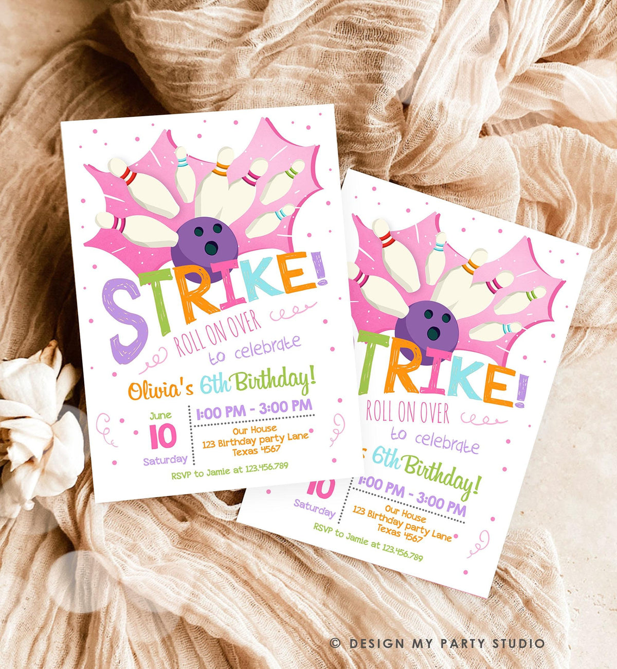 Editable Bowling Birthday Party Invitation Girl Pink Purple Bowling Party Strike Kids Download Printable Invitation Template Evite 0081