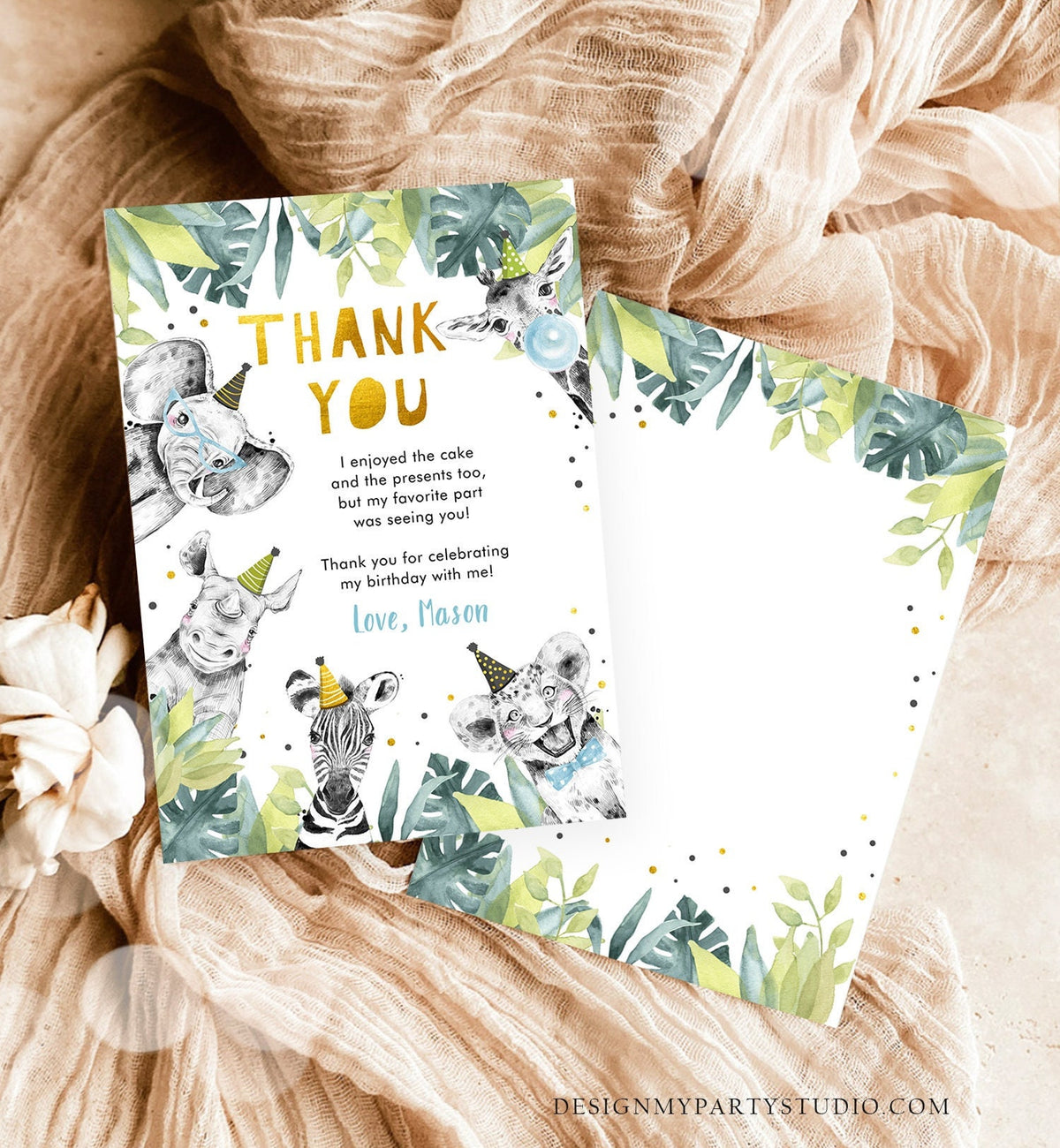Editable Thank You Card Safari Animal Wild One Two Wild Thank You Note Boy Blue Gold Jungle Zoo Party Animal Digital Template Printable 0322