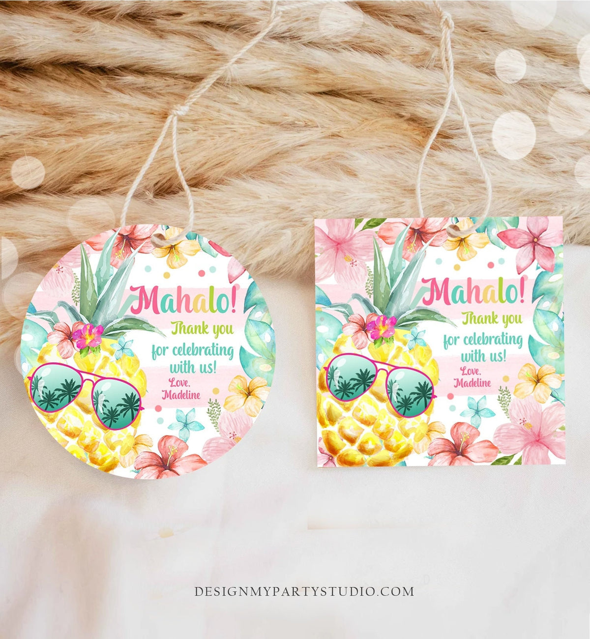 Editable Tropical Aloha Hawaiian Favor Tag Luau Birthday Party Pineapple Sticker Mahalo Pool Party Pink Girl Digital Template Printable 0391
