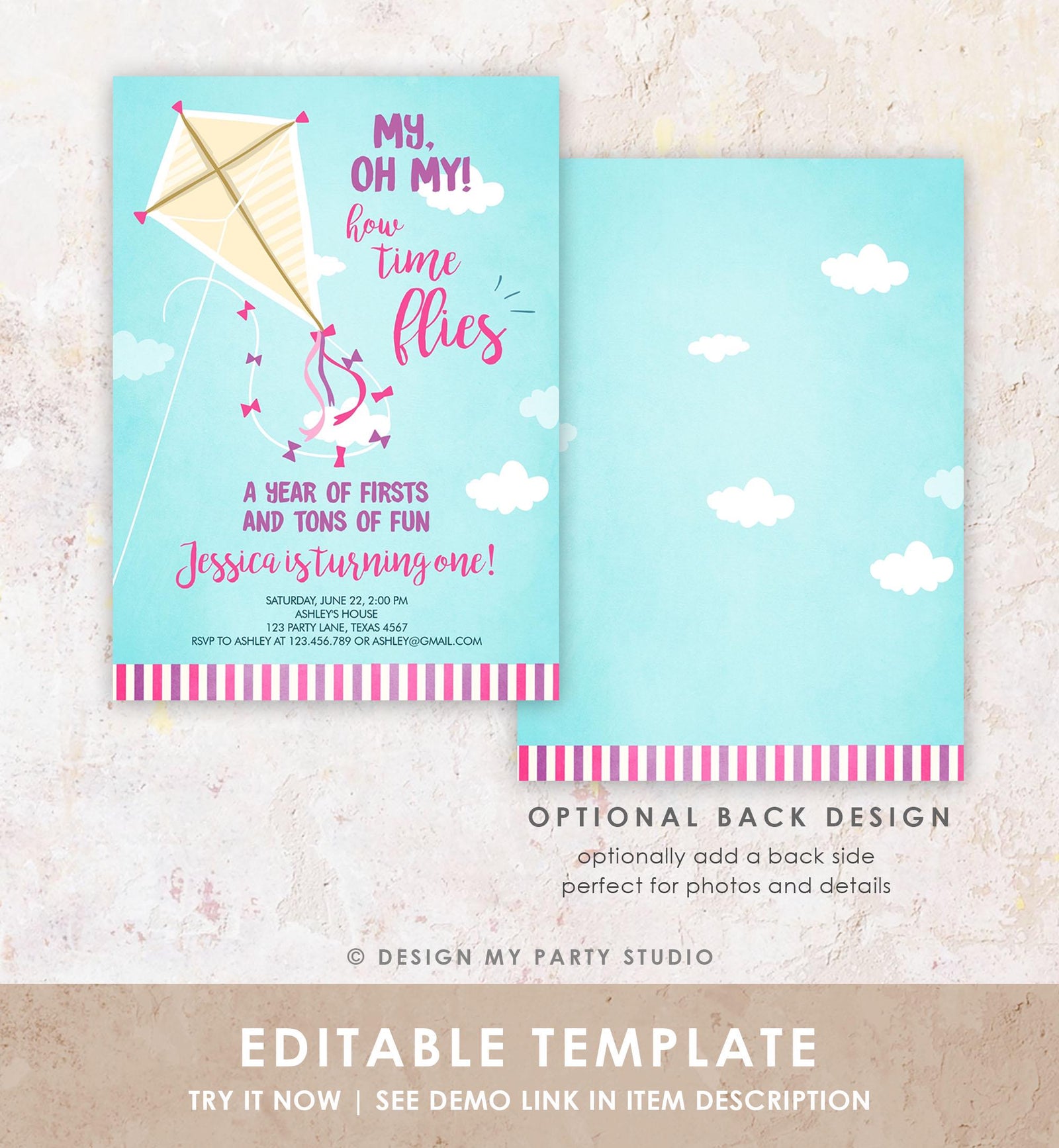 Editable Kite Birthday Invitation Oh My Time Flies First Birthday Girl Pink Park 1st Birthday Invite Download Printable Evite Template 0316