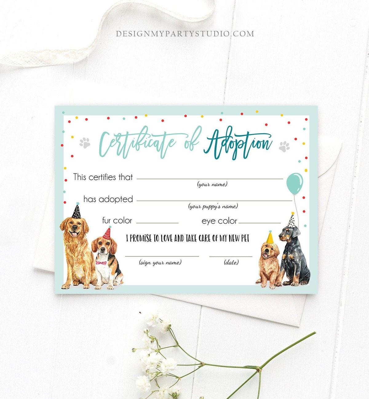Puppy Dog Adoption Certificate Pet Adoption Dog Boy Birthday Party Adopt A Pet Vet Puppy Adoption Blue Digital Download Printable 0384