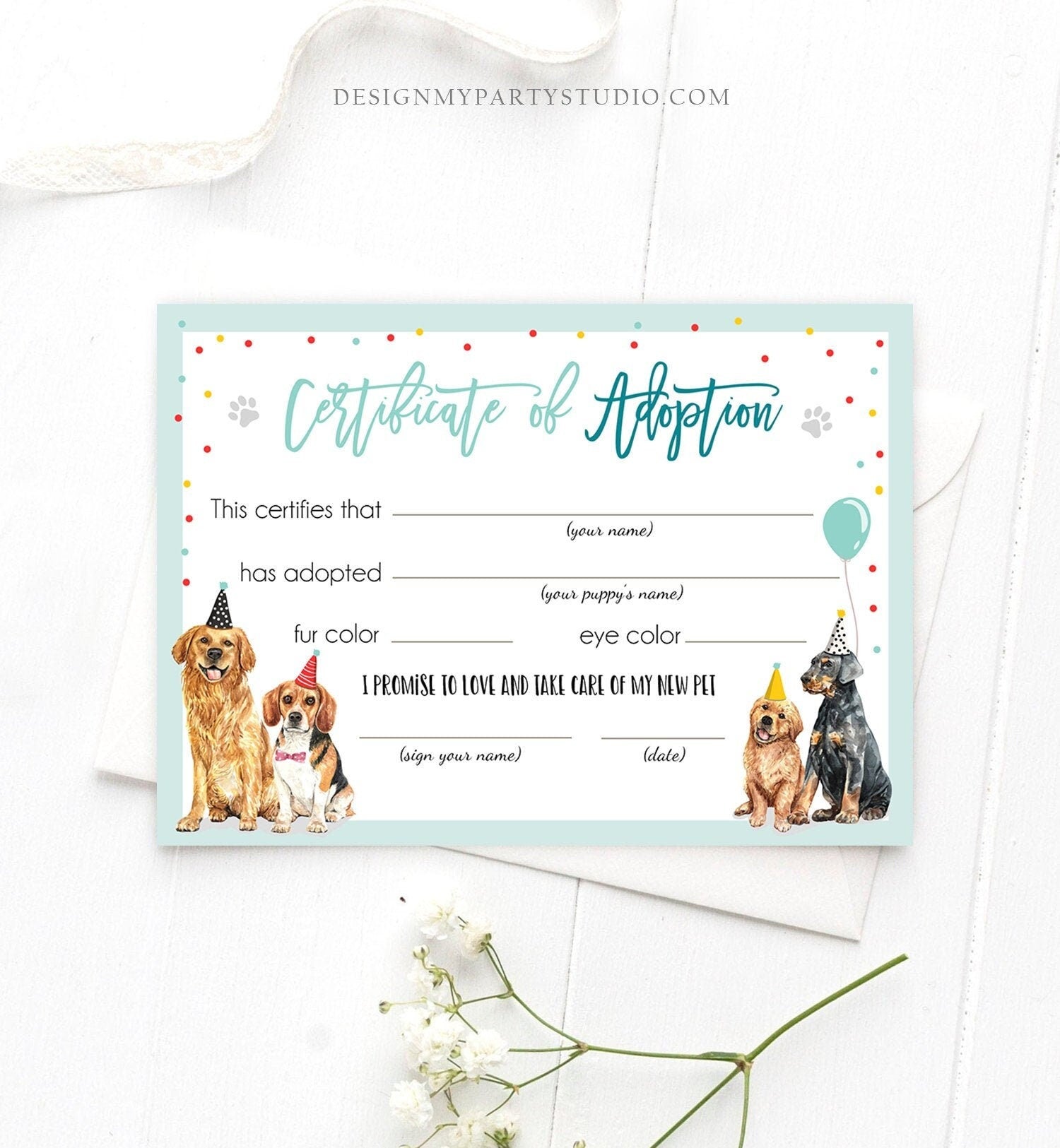 Puppy Dog Adoption Certificate Pet Adoption Dog Boy Birthday Party Adopt A Pet Vet Puppy Adoption Blue Digital Download Printable 0384