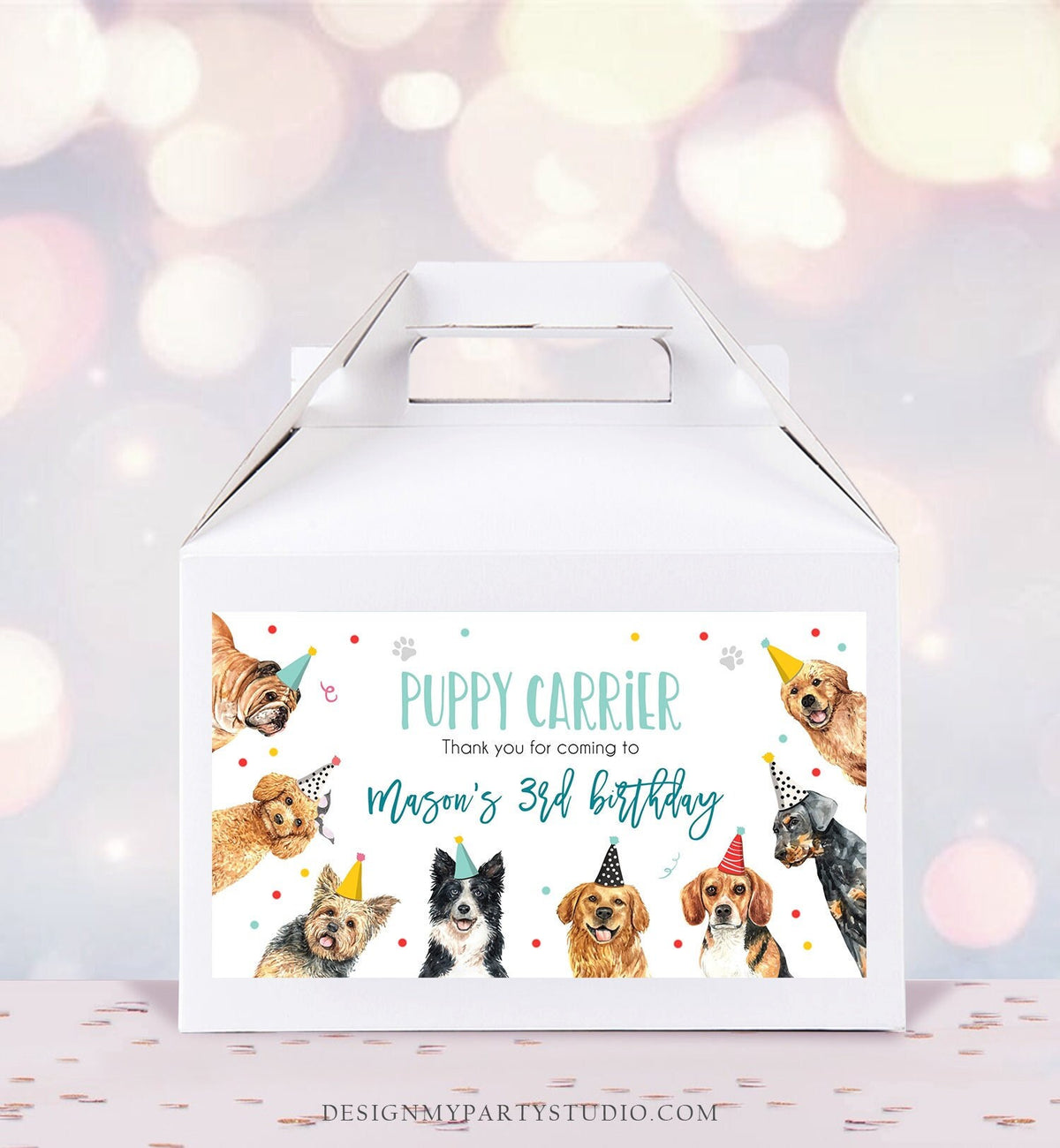Editable Puppy Carrier Box Favor Label Puppy Birthday Favor Box Label Boy Dog Adopt a Puppy Pet Vet Digital Download Template Printable 0384
