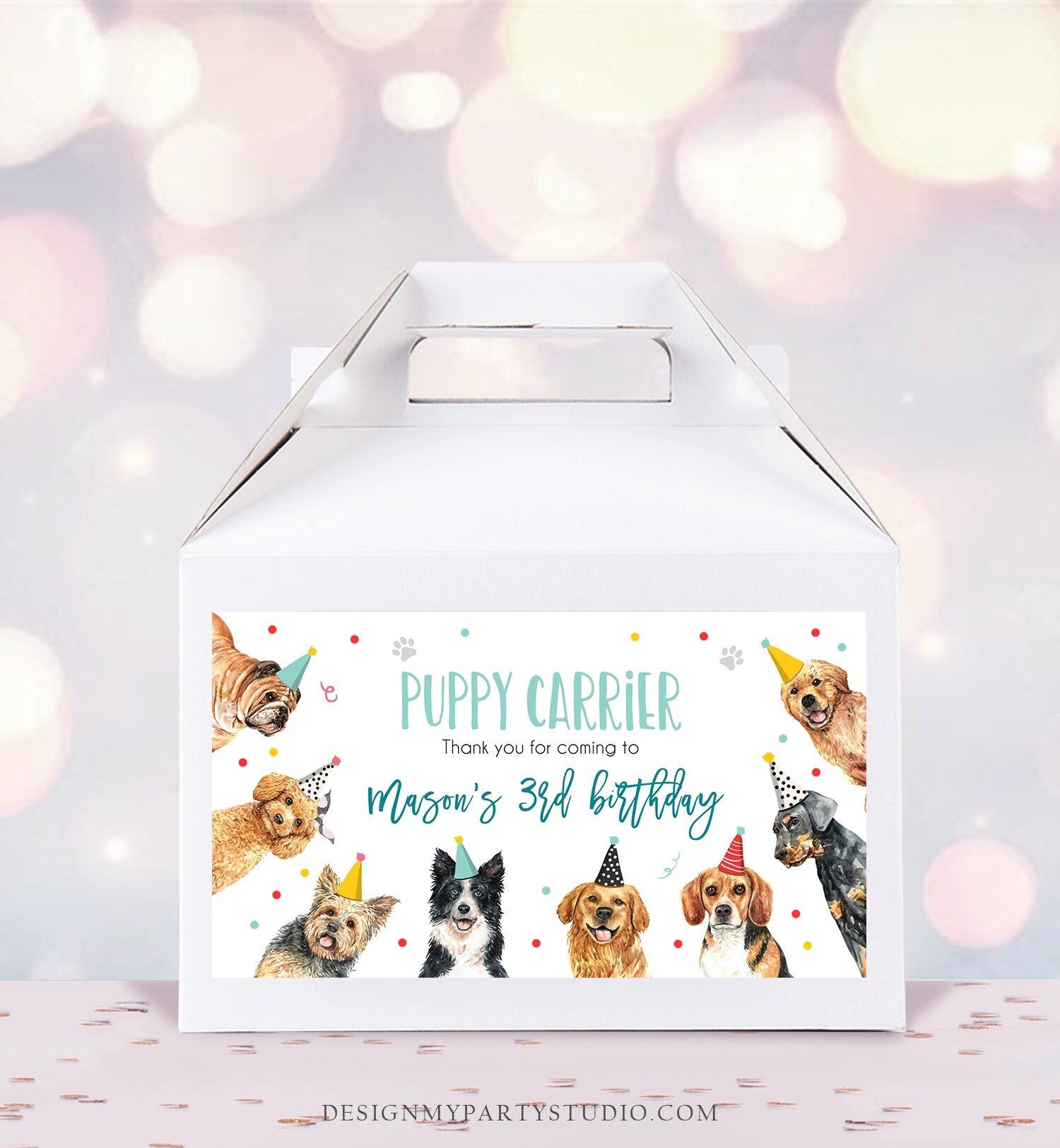 Editable Puppy Carrier Box Favor Label Puppy Birthday Favor Box Label Boy Dog Adopt a Puppy Pet Vet Digital Download Template Printable 0384