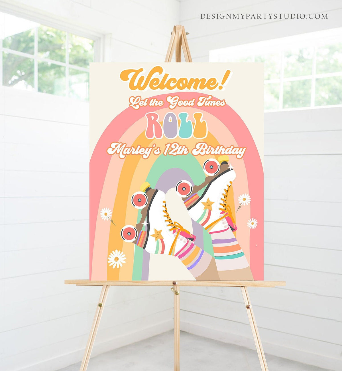 Editable Roller Skate Birthday Welcome Sign Retro Skating Birthday Girl Pink Let&#39;s Roll 70&#39;s Skate Party Digital Template Printable 0435