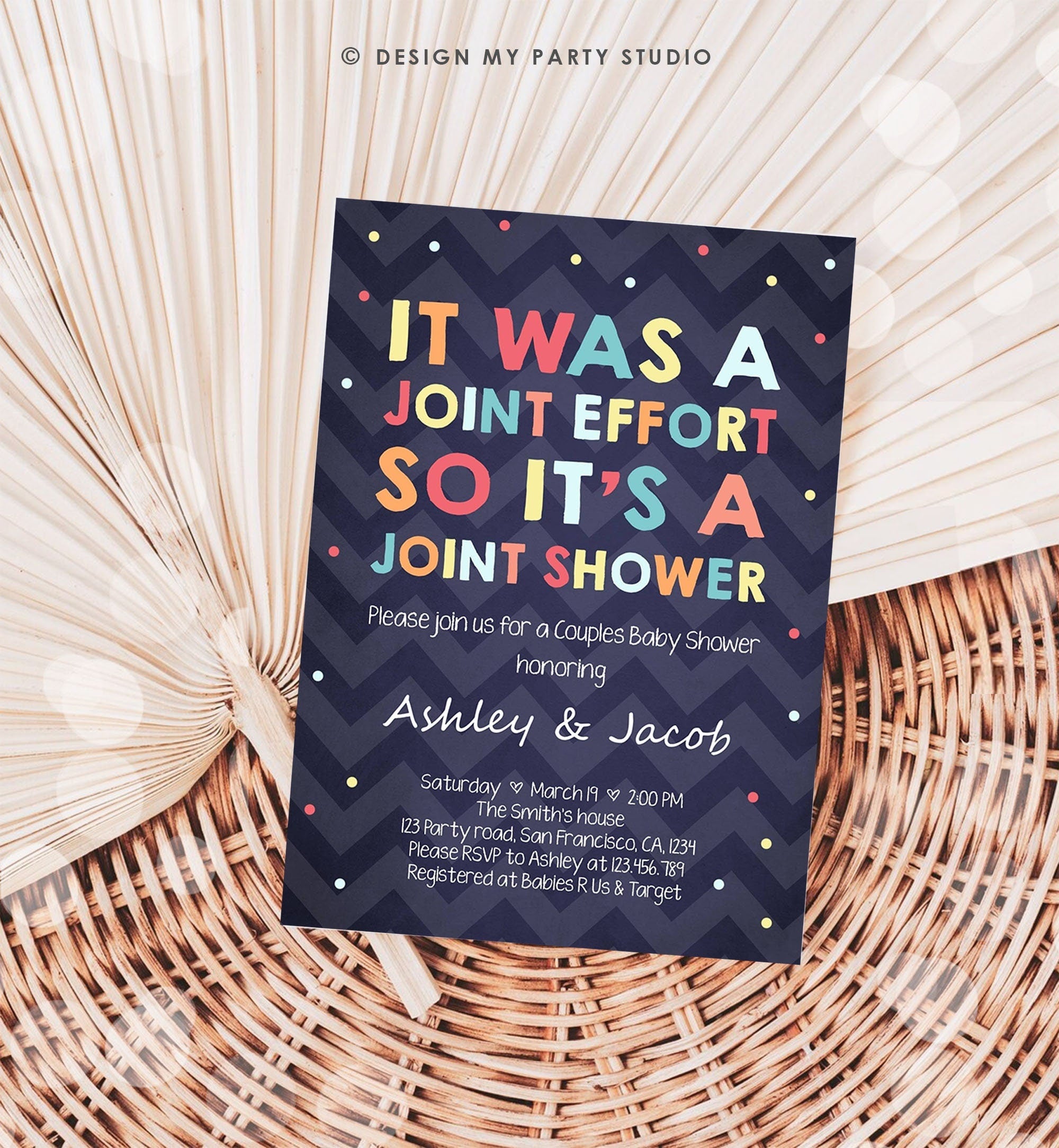 Editable Couples Baby Shower Invitation Coed Baby Shower Joint Funny Navy Confetti Neutral Digital Download Template Printable 0181