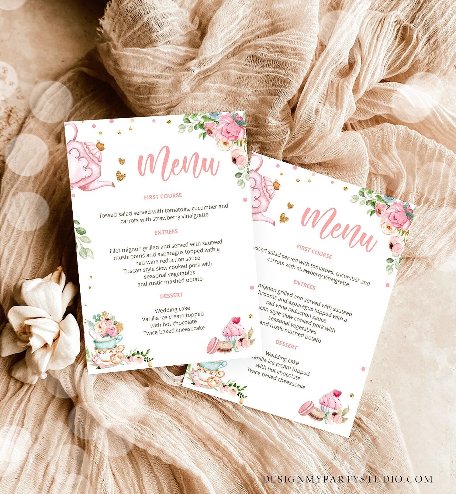 Editable Floral Tea Menu Card Tea Birthday Pink Gold Confetti Floral Baby Shower Baby is Brewing Digital Download Template Printable 0349