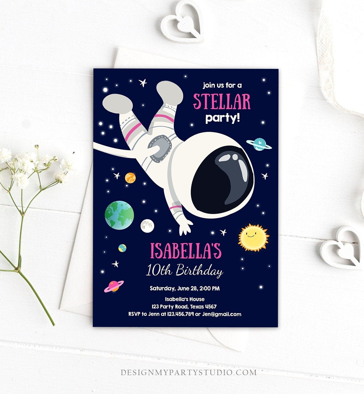 Editable Girl Space Birthday Party Invitation Outer Space Galaxy Planets and Stars Girly Digital Download Evite Template Printable 0259