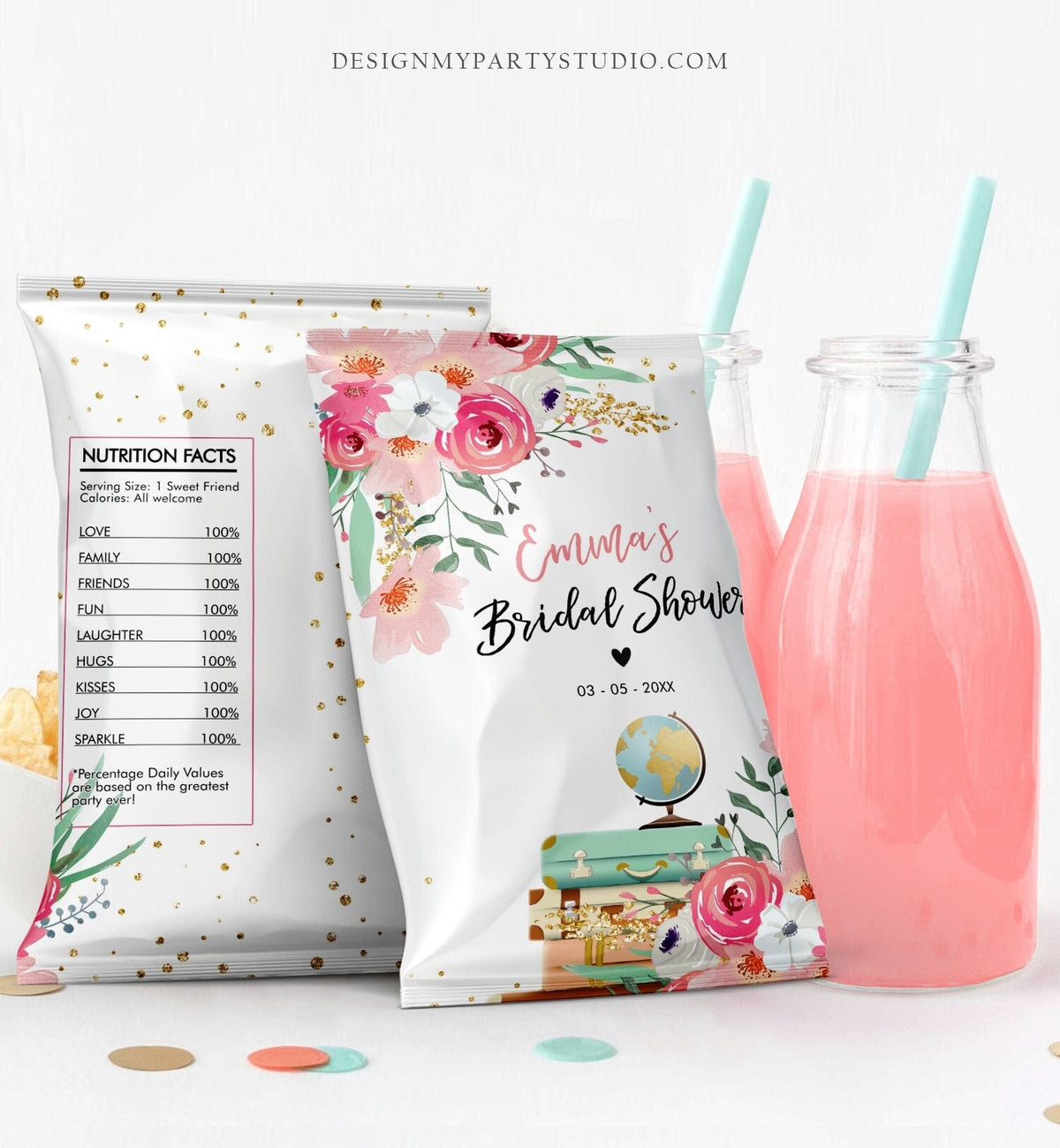Editable Travel Adventure Chip Bag Traveling to Mrs Bridal Shower Wedding Party Pink Floral Snack Favors Digital Template Printable 0030