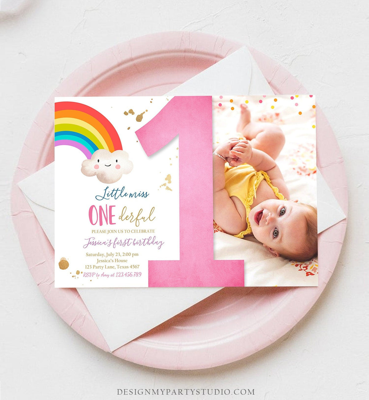 Editable Rainbow 1st Birthday Invitation Little Miss Onederful Rainbow Colors First 1st Girl Colorful Digital Download Template Printable