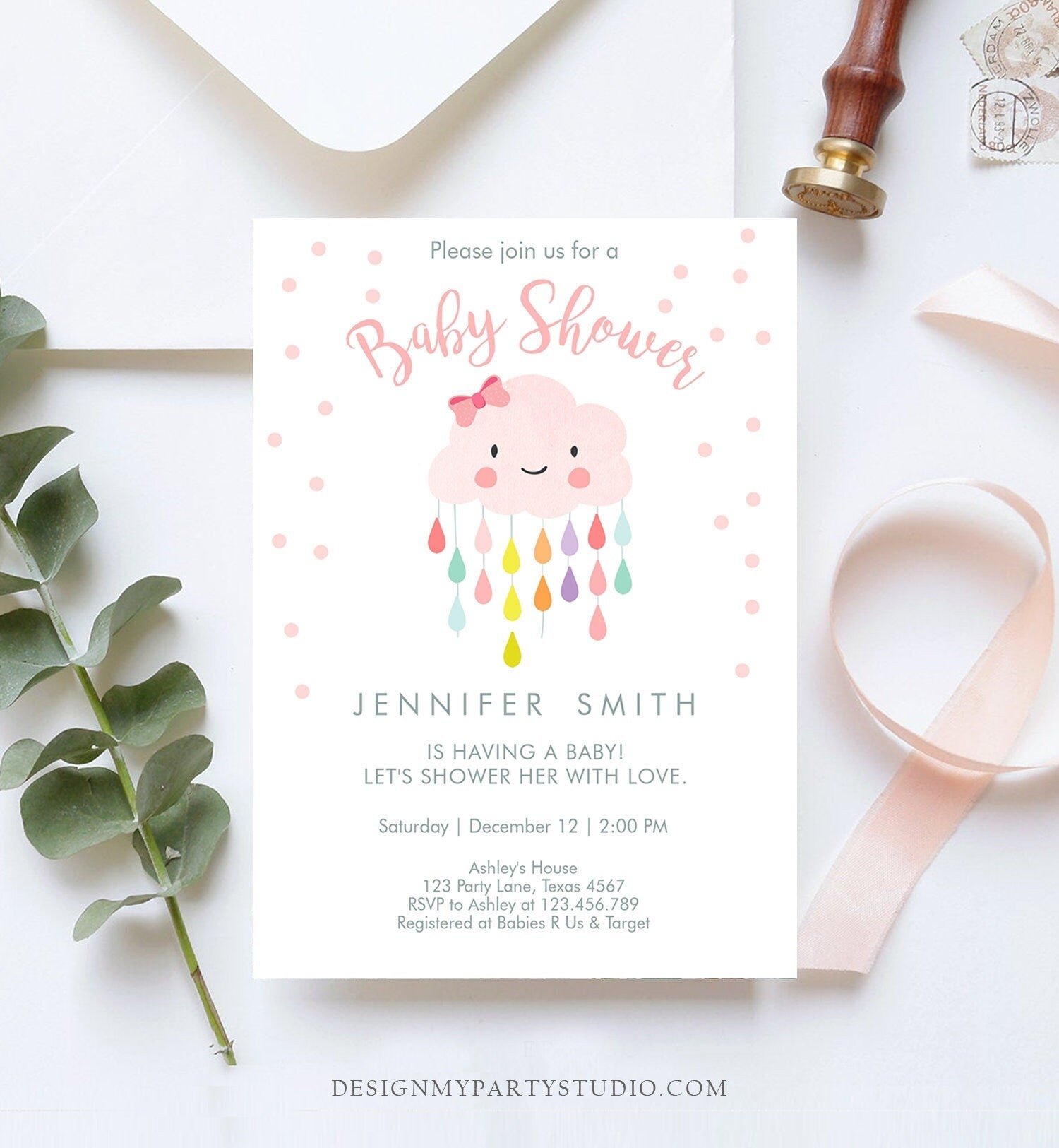 Editable Cloud Baby Shower Invitation Raindrop Baby Sprinkle Shower With Love Rain Drops Girl Pink Digital Download Template Printable 0036