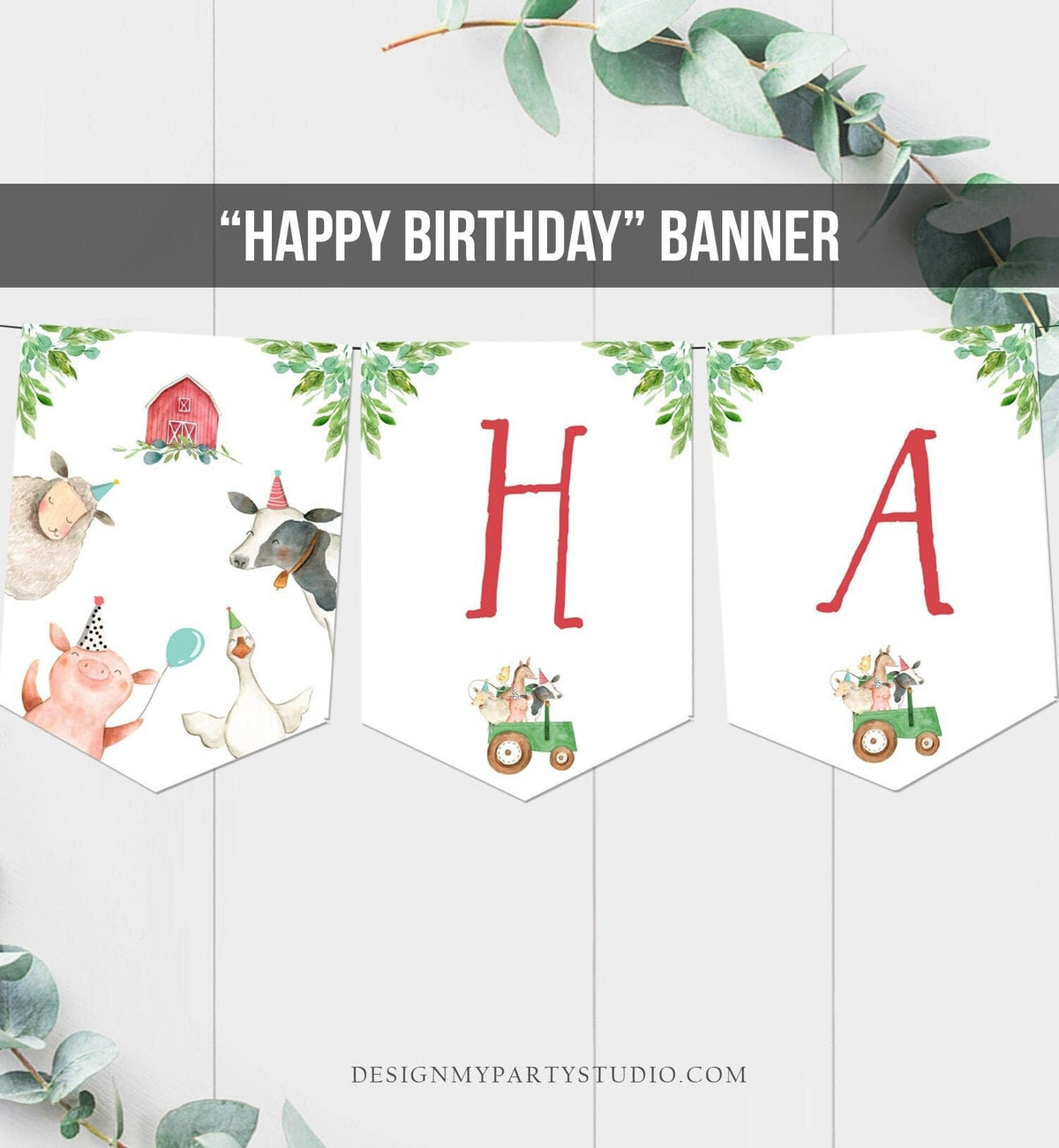Farm Animals Happy Birthday Banner Farm Birthday Banner Party Animals Boy Barnyard Green Tractor Instant Digital Download Printable 0155