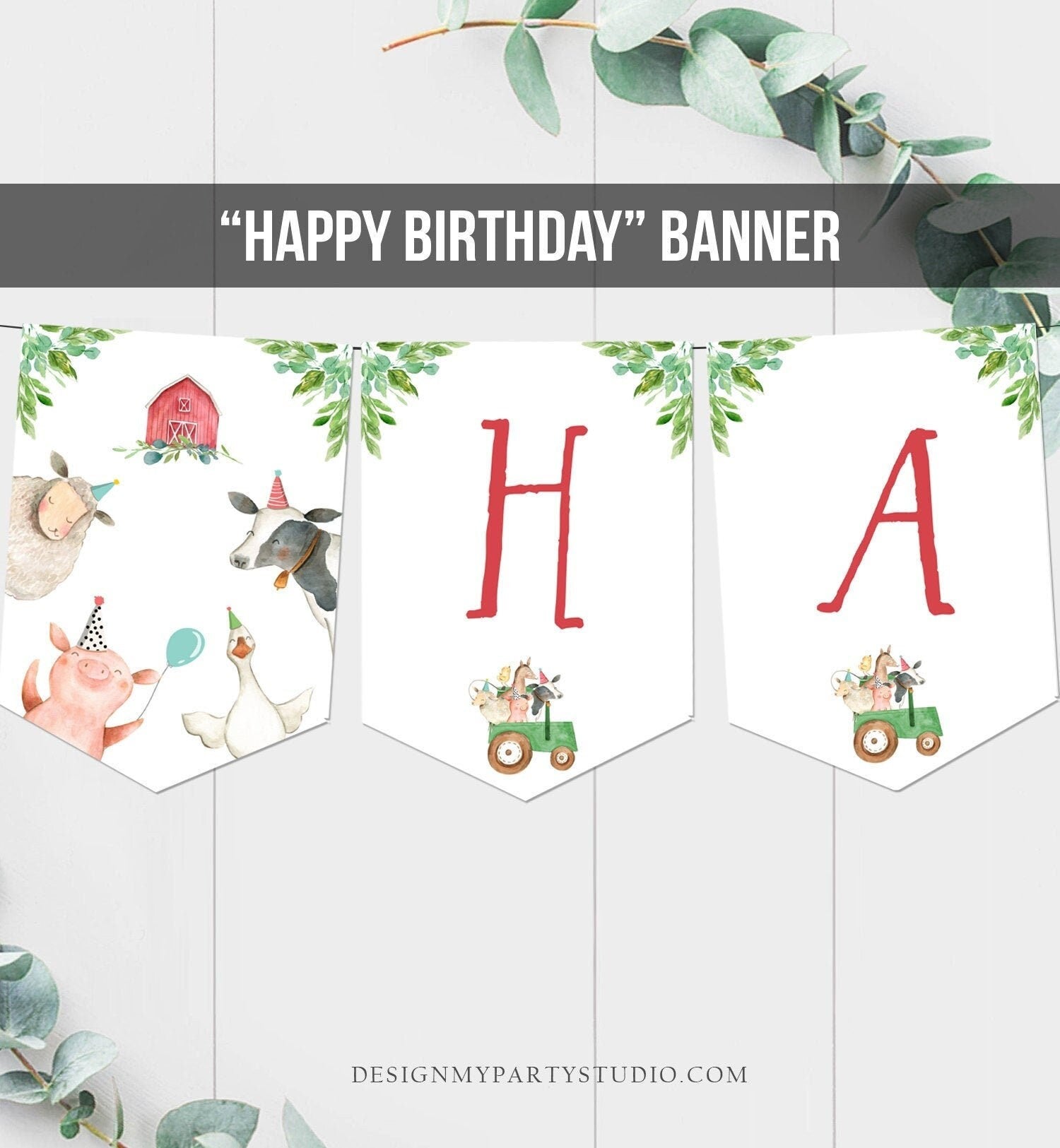 Farm Animals Happy Birthday Banner Farm Birthday Banner Party Animals Boy Barnyard Green Tractor Instant Digital Download Printable 0155
