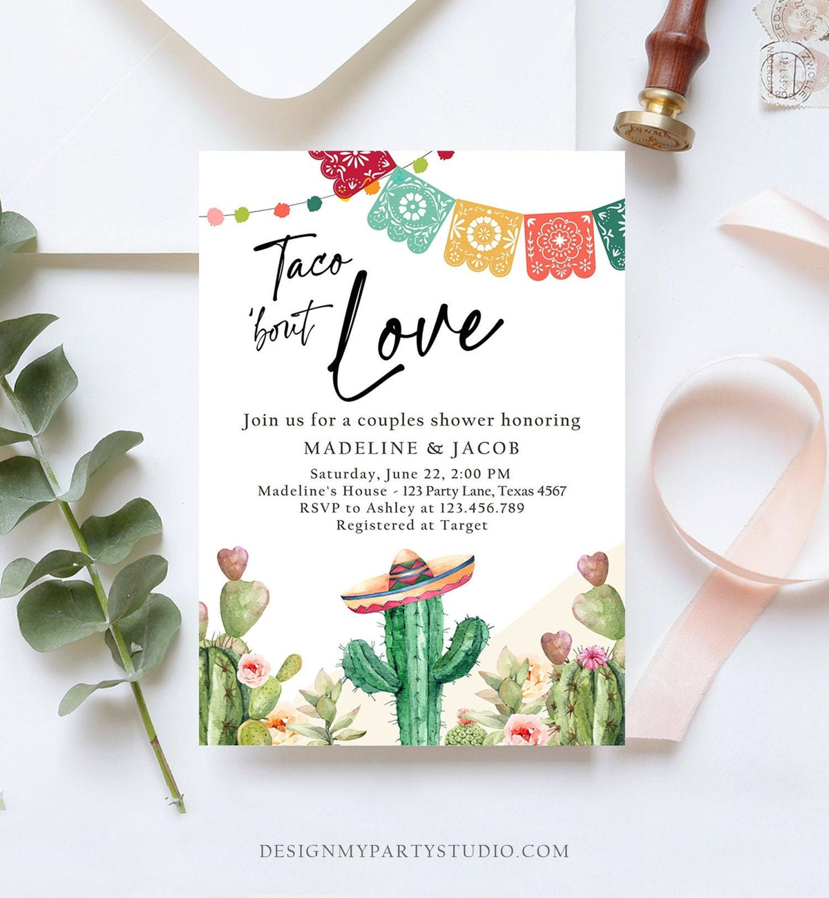Editable Taco Bout Love Couples Shower Invitation Fiesta Cactus Succulent Mexican Desert Digital Download Evite Template Printable 0404