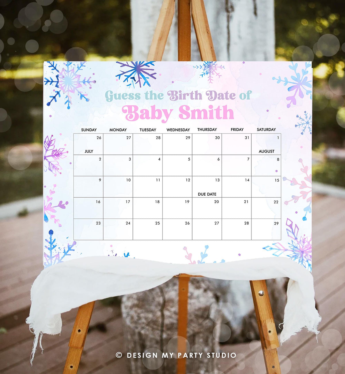 Editable Guess the Birth Date Baby Shower Game Guess Birthday Winter Wonderland Snowflakes Watercolor Pink Digital Template Printable 0518