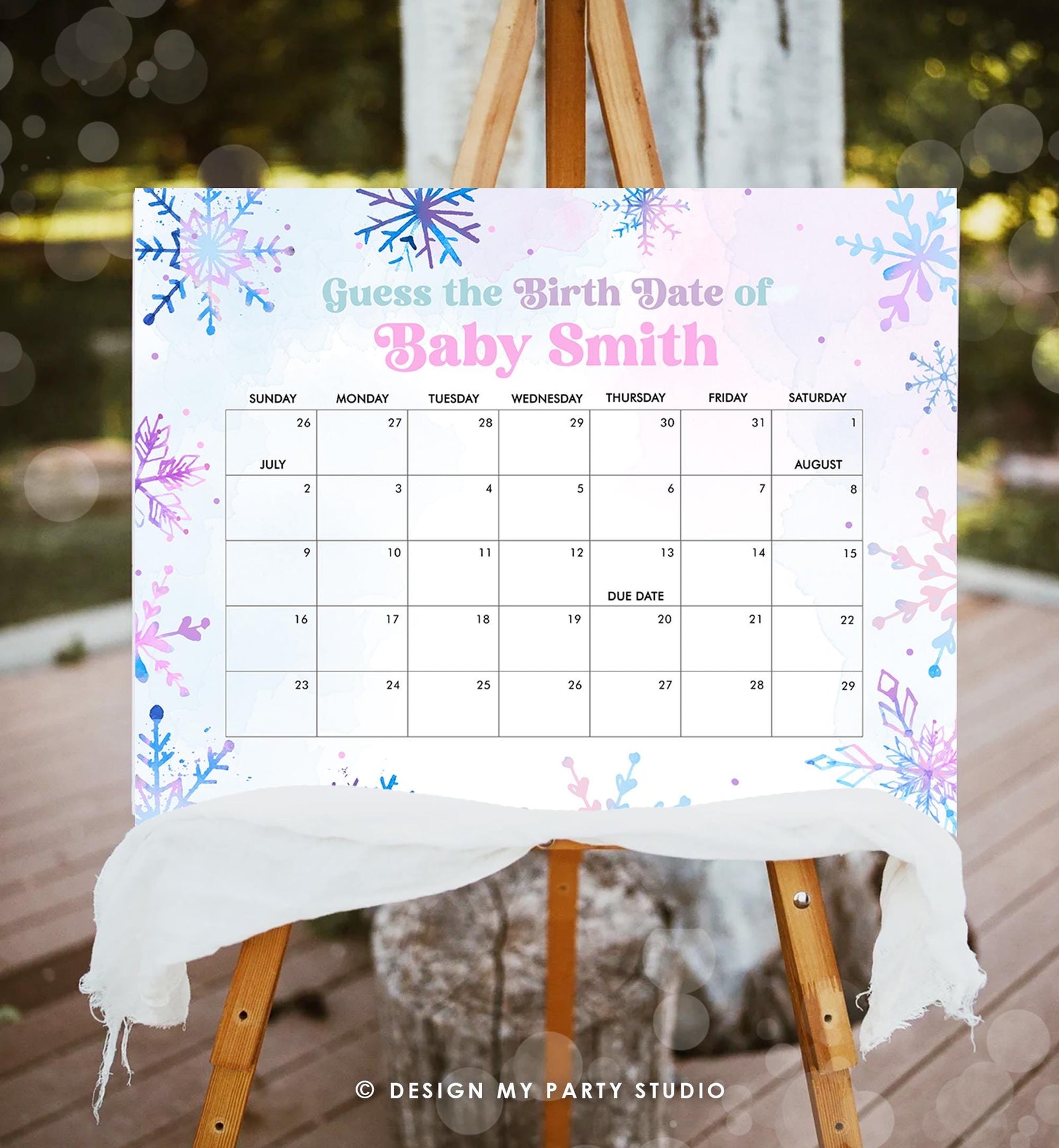 Editable Guess the Birth Date Baby Shower Game Guess Birthday Winter Wonderland Snowflakes Watercolor Pink Digital Template Printable 0518