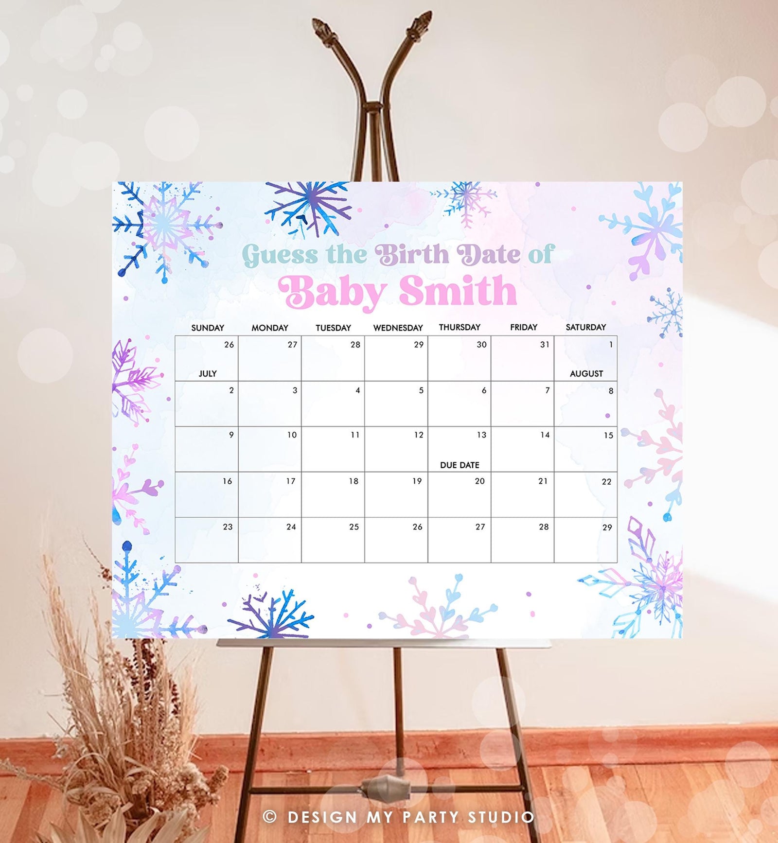 Editable Guess the Birth Date Baby Shower Game Guess Birthday Winter Wonderland Snowflakes Watercolor Pink Digital Template Printable 0518