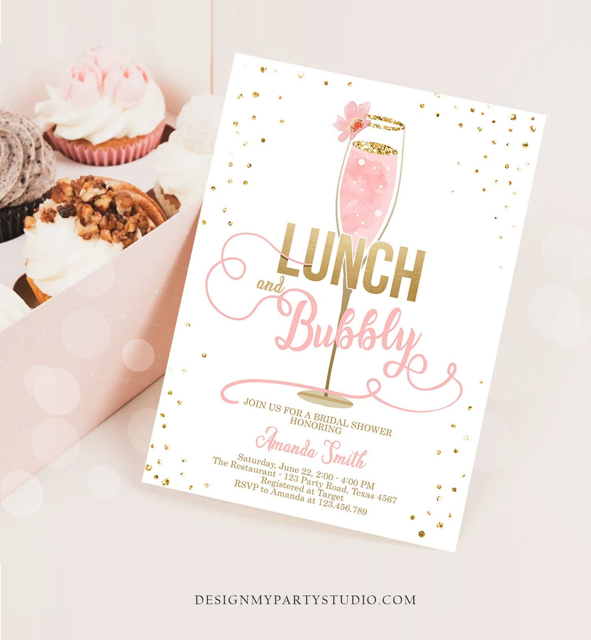 Editable Lunch and Bubbly Bridal Shower Invitation Champagne Gold Pink Wedding Brunch Digital Download Evite Template Printable 0150