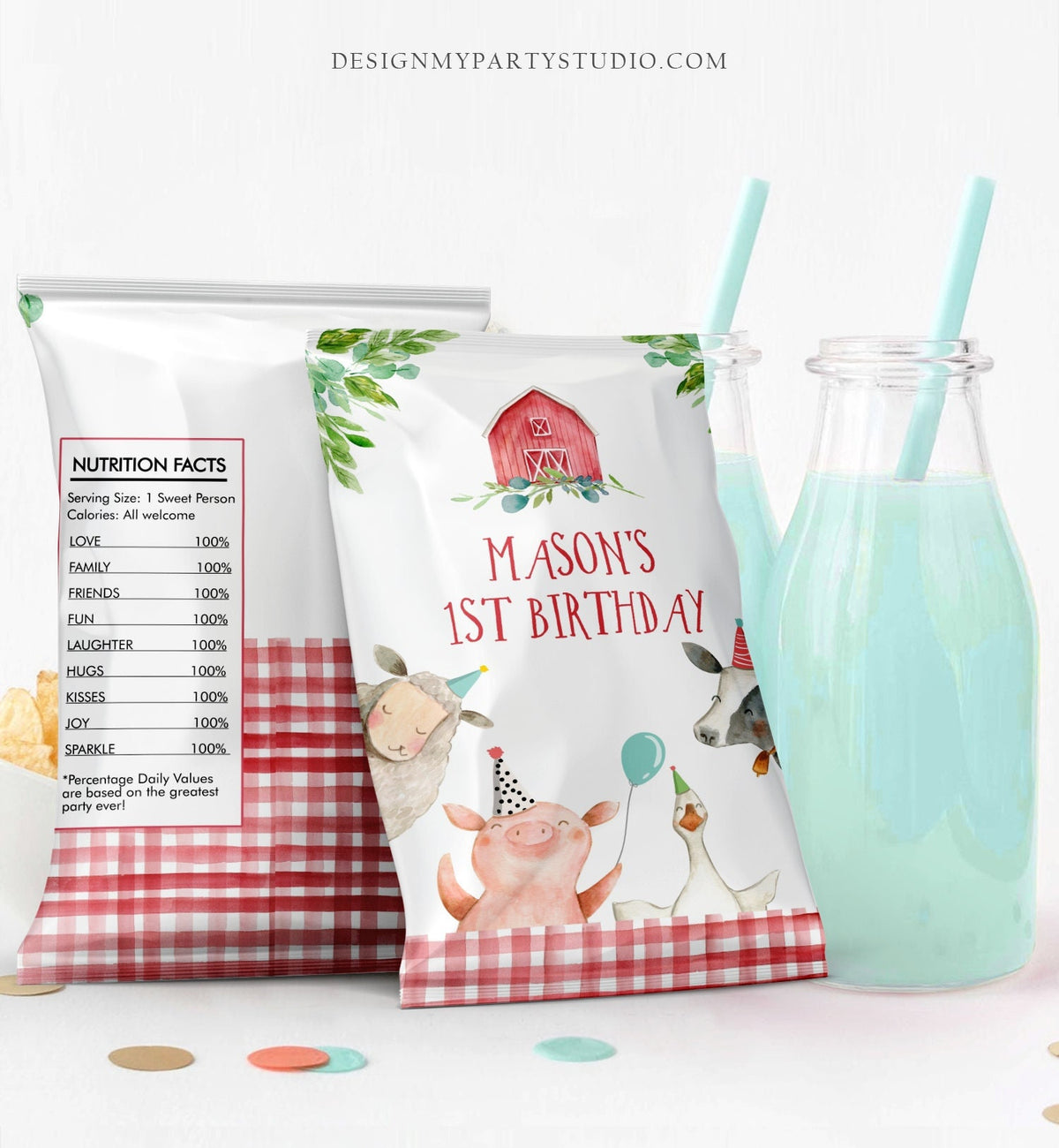 Editable Farm Birthday Chip Bag Barnyard Birthday Decor Boy Farm McDonald Snack Favors Farm Animals Red Blue Digital Template Printable 0155