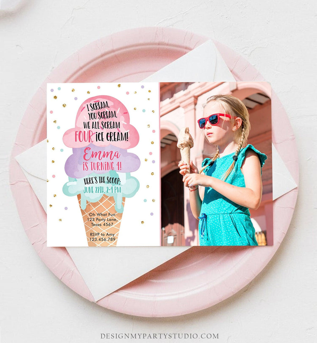 Editable Ice Cream I Scream Birthday Invitation Four Party 4th Here's the Scoop Cone Pink Mint Purple Digital Template Printable 0243