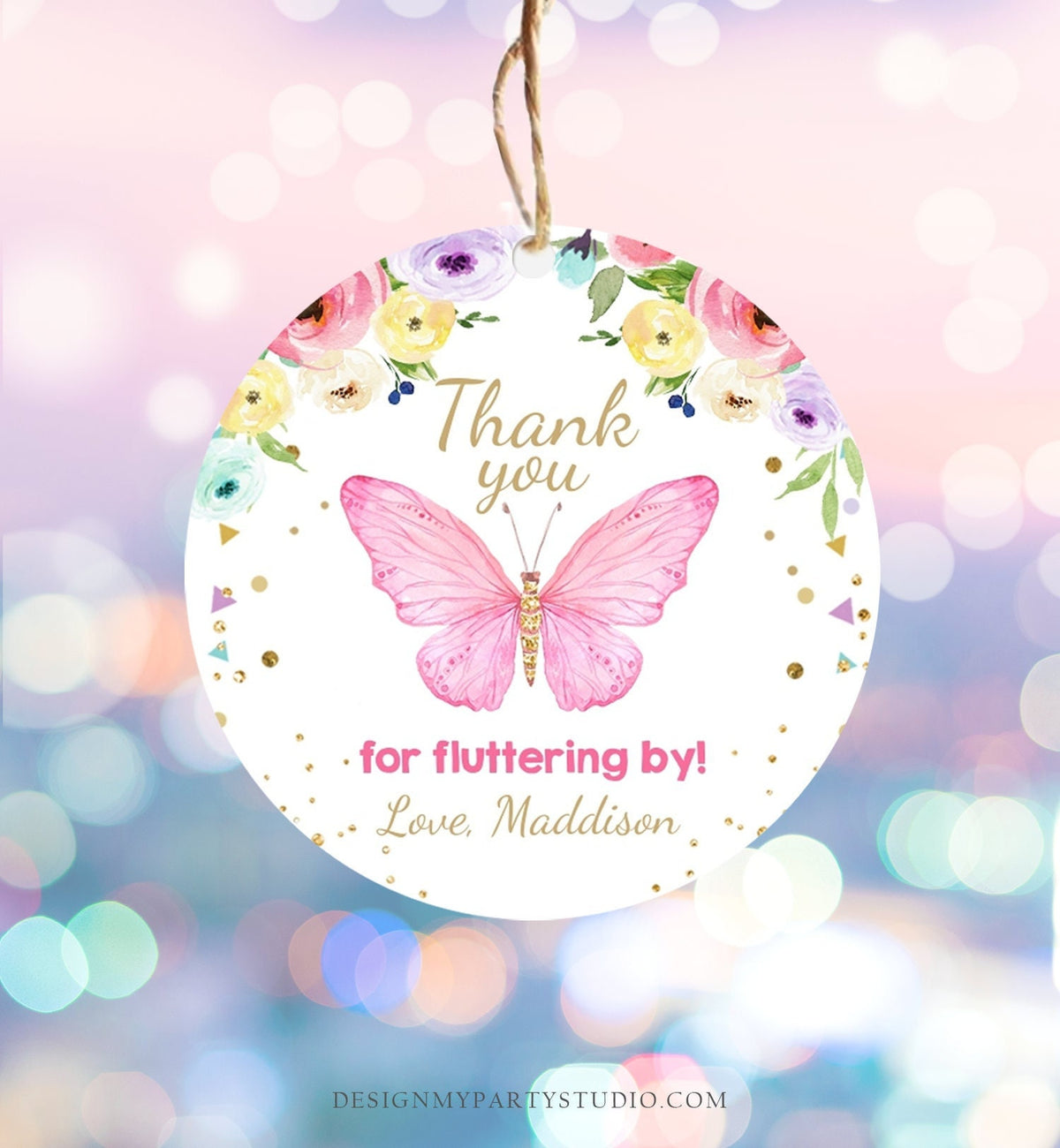 Editable Butterfly Favor Tags Butterfly Birthday Thank you tags Garden Shower Pink Gold Girl Fluttering By Digital Template Printable 0162