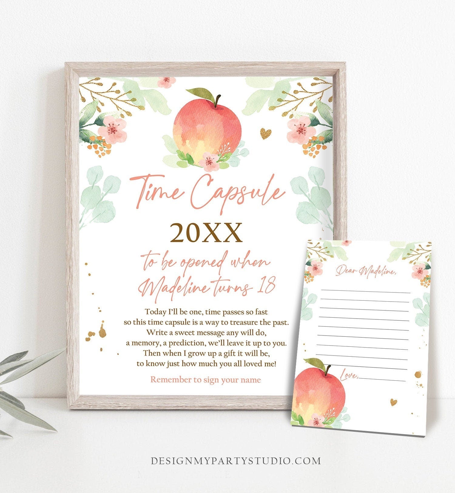 Editable Peach Birthday Time Capsule Peach First Birthday Party Girl Pink Floral One Sweet Peach Guestbook Digital Template Printable 0401