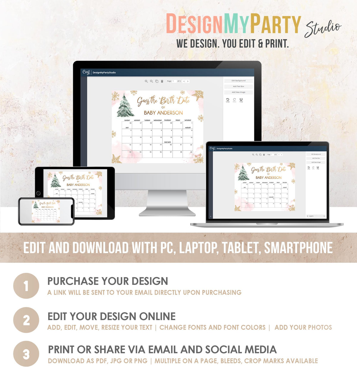 Editable Guess the Birth Date Baby Shower Game Guess Birthday Winter Christmas Tree Watercolor Pink Gold Digital Template Printable 0363