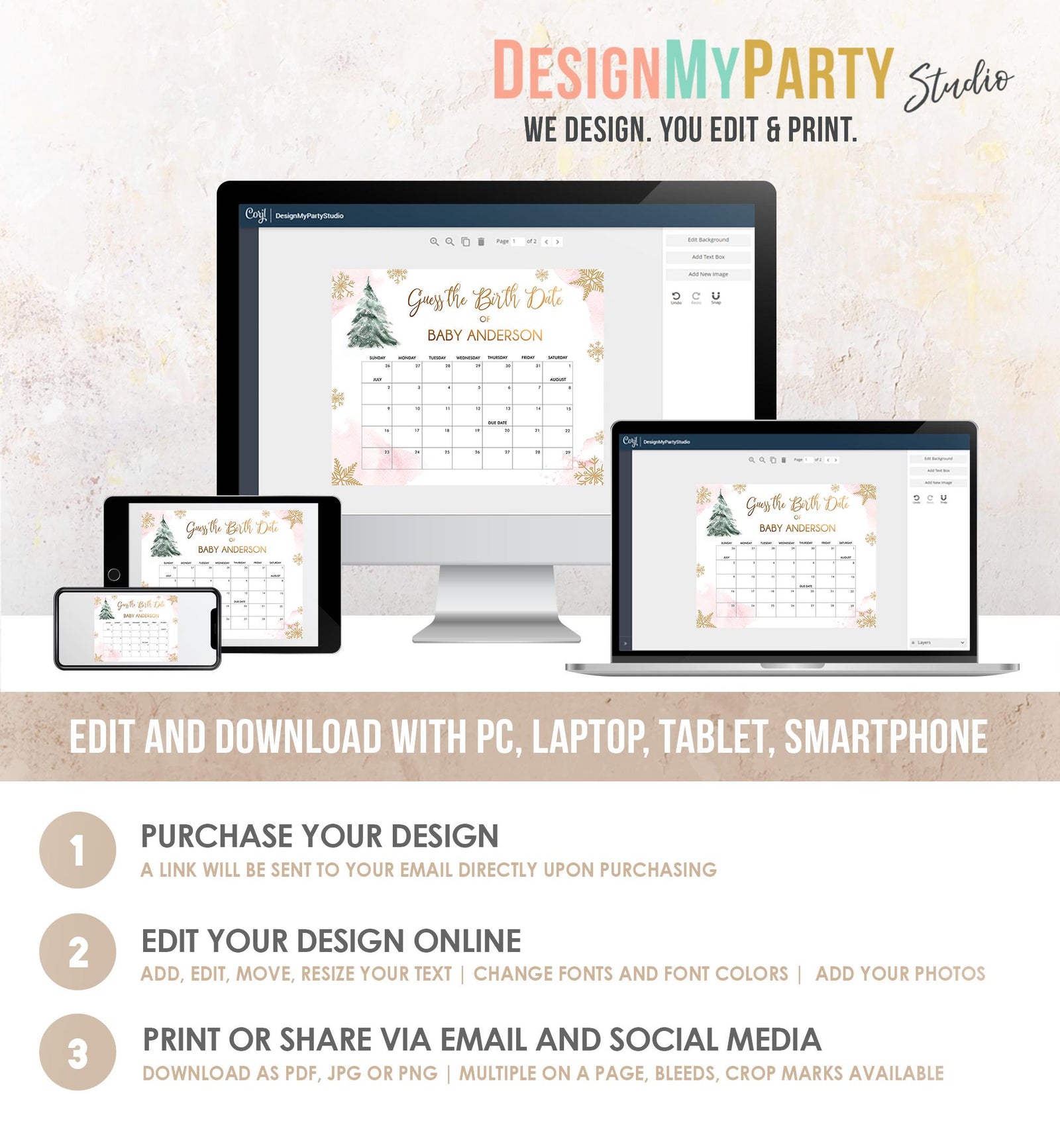 Editable Guess the Birth Date Baby Shower Game Guess Birthday Winter Christmas Tree Watercolor Pink Gold Digital Template Printable 0363