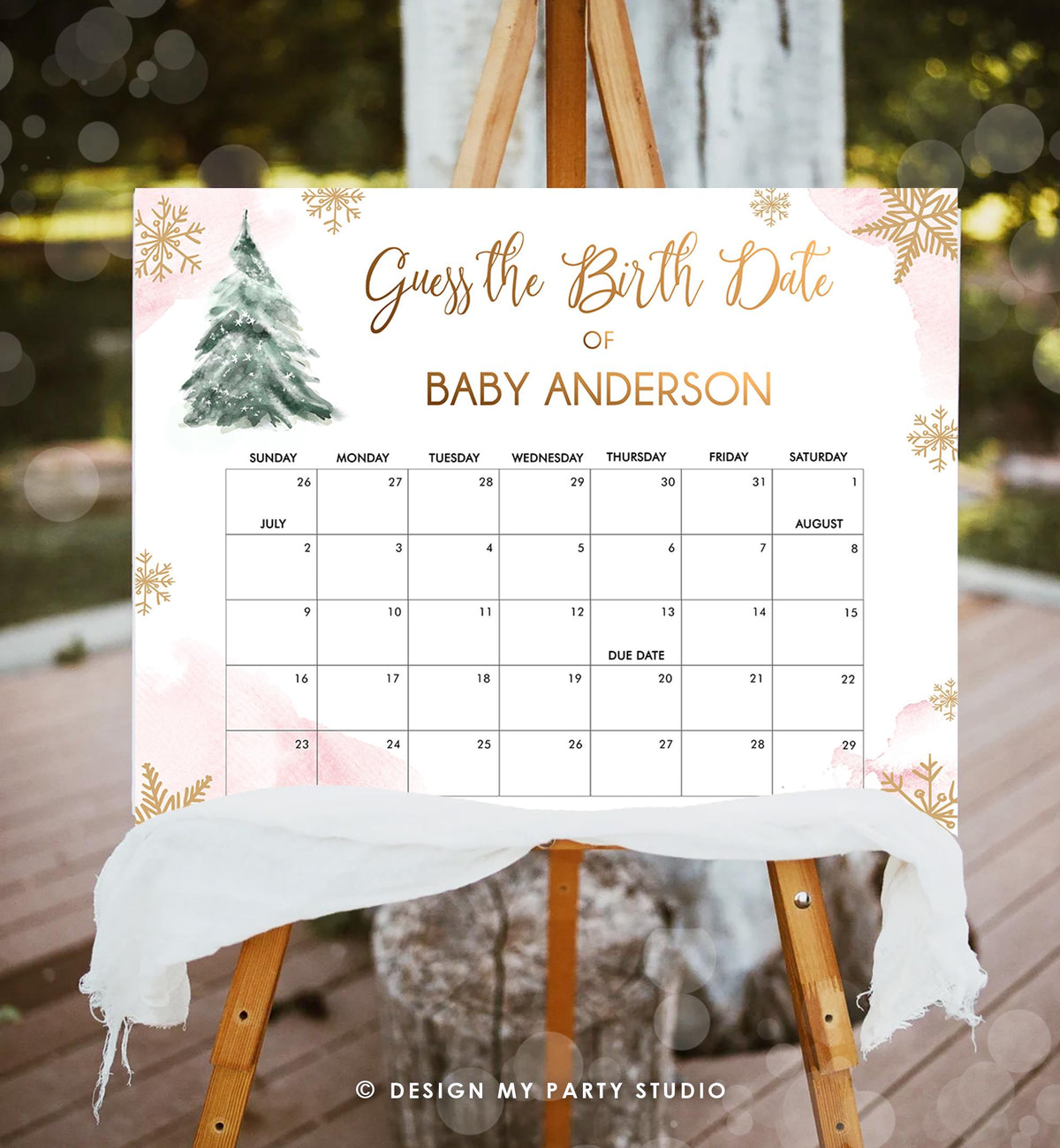 Editable Guess the Birth Date Baby Shower Game Guess Birthday Winter Christmas Tree Watercolor Pink Gold Digital Template Printable 0363