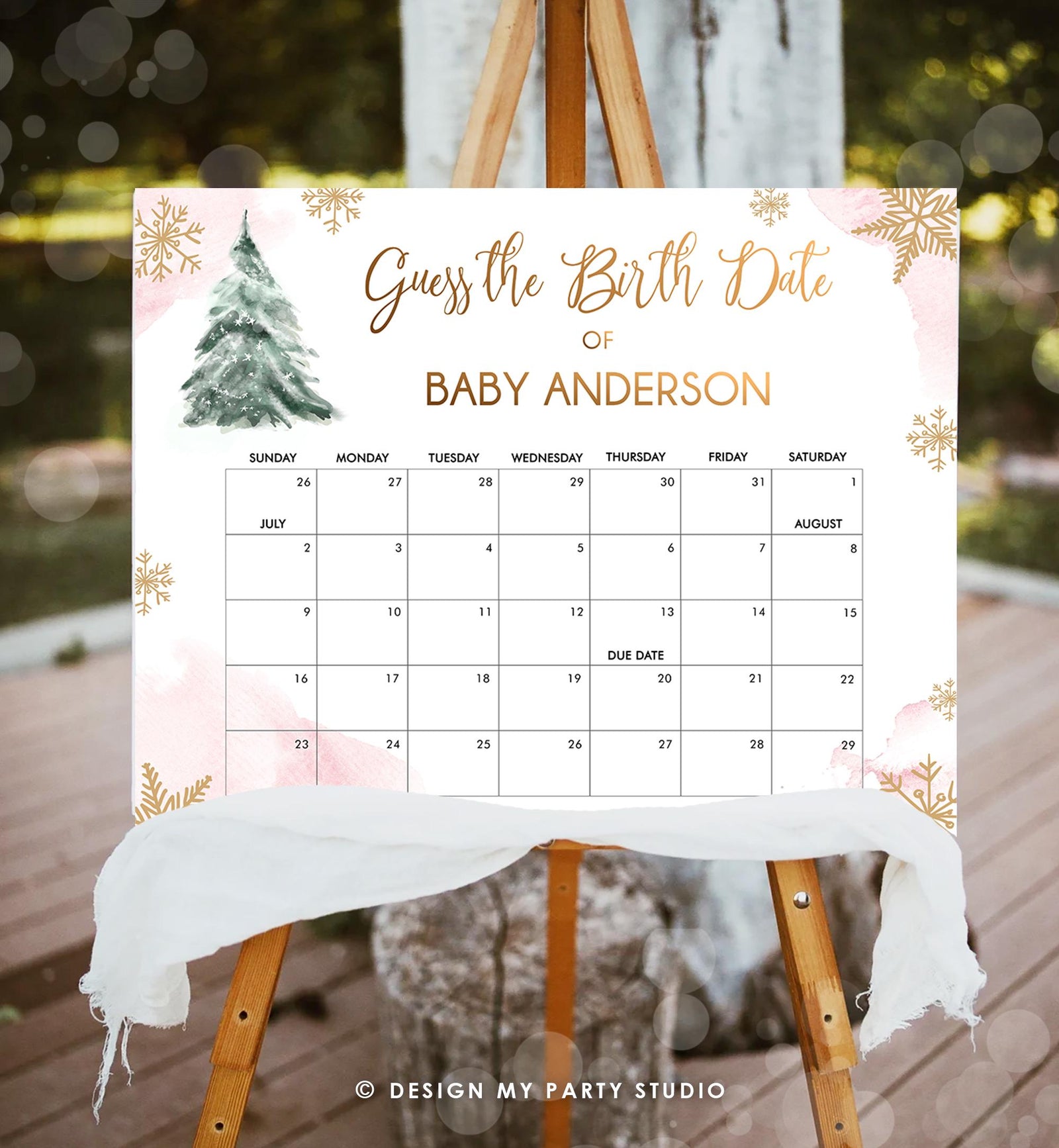 Editable Guess the Birth Date Baby Shower Game Guess Birthday Winter Christmas Tree Watercolor Pink Gold Digital Template Printable 0363