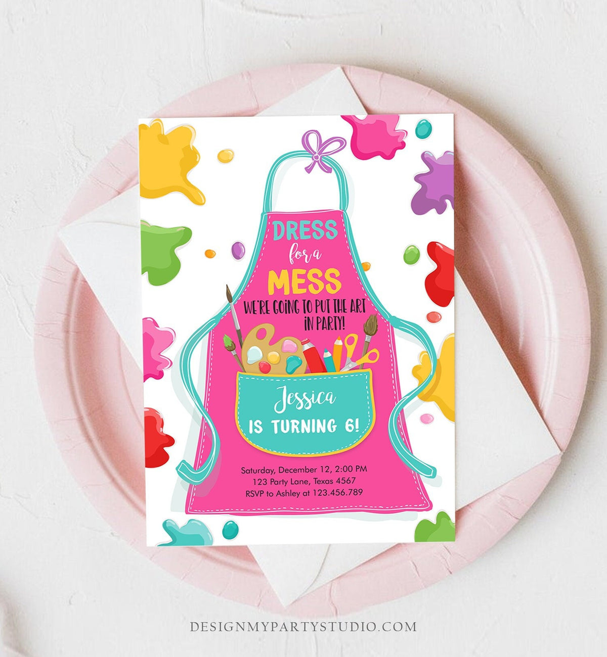 Editable Painting Party Invitation Art Party Birthday Dress for a Mess Girl Pink Paint Craft Digital Download Evite Template Printable 0319
