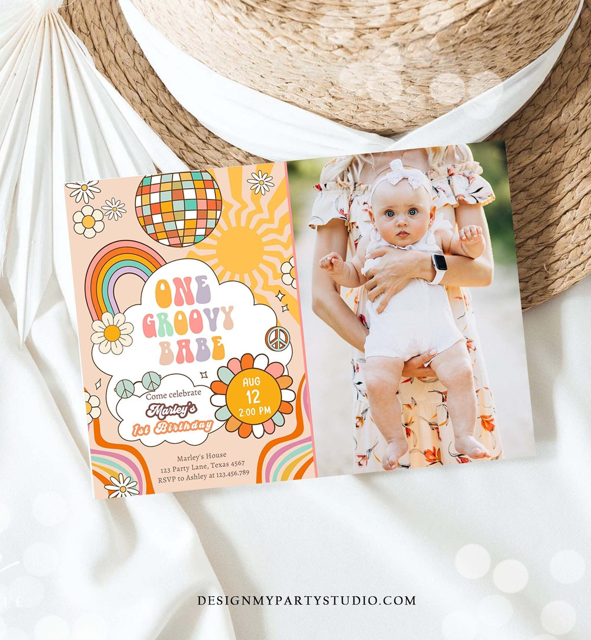 Editable Groovy One Retro 1st Birthday Invitation First Birthday One Groovy Babe Peace Love Digital Download Evite Template Printable 0459