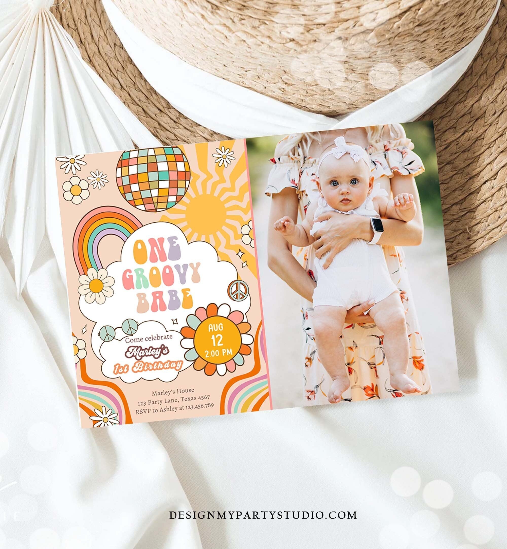 Editable Groovy One Retro 1st Birthday Invitation First Birthday One Groovy Babe Peace Love Digital Download Evite Template Printable 0459