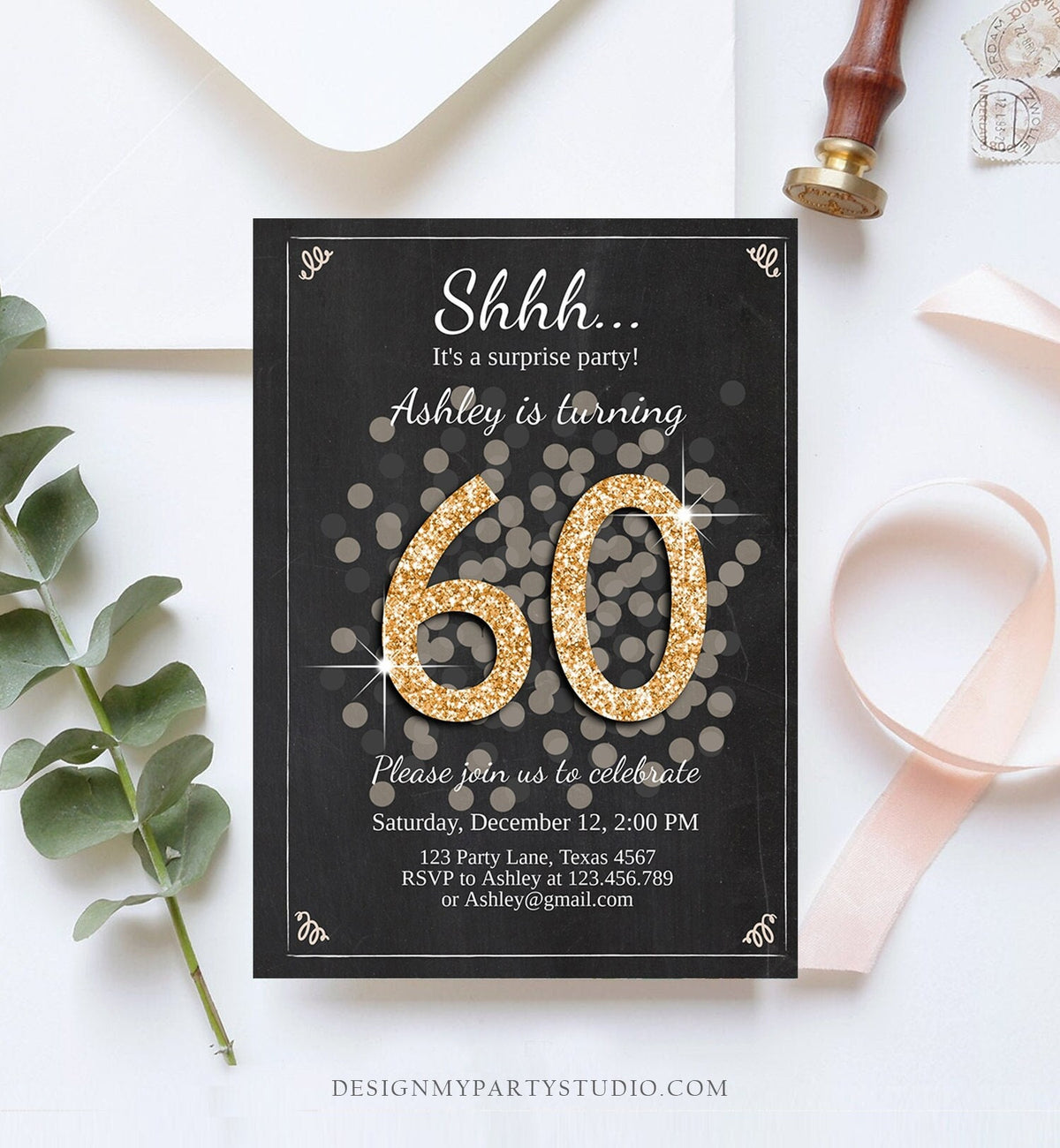 Editable Surprise Birthday Invitation Adult 60th Party Rustic Boho ANY AGE Black Gold Glitter Photo Digital Download Template Printable 0103