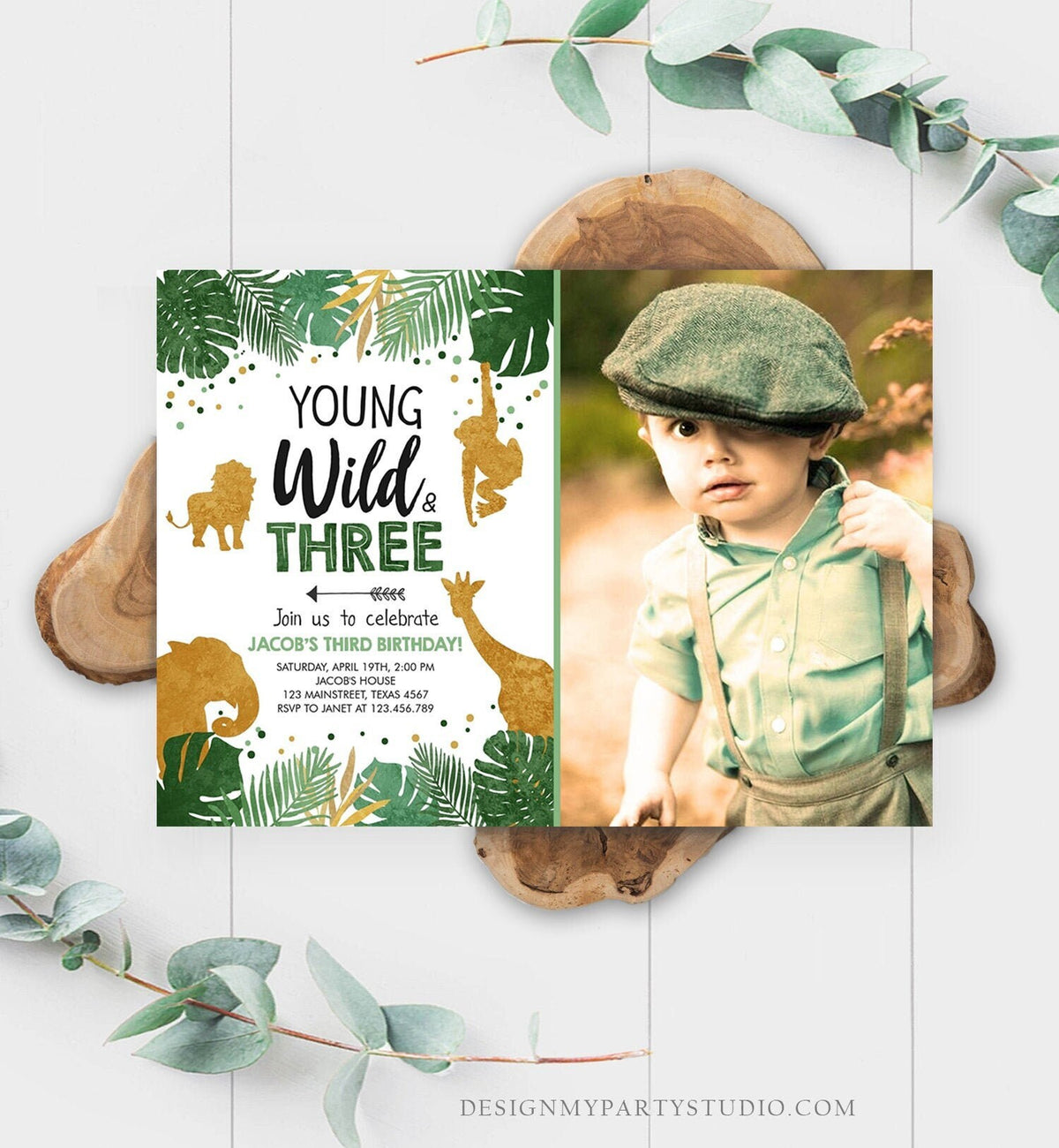 Editable Young Wild and Three Birthday Invitation Safari Animals Zoo Jungle Boy Gold 3rd Birthday Third Digital Template Printable 0016