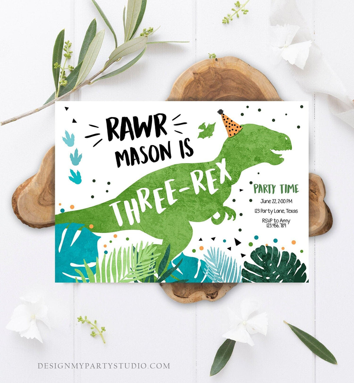 Editable Three-Rex Dinosaur Birthday Invitation Dino T-Rex Third Birthday 3rd Rawr Boy Green Prehistoric Digital Template Printable 0389