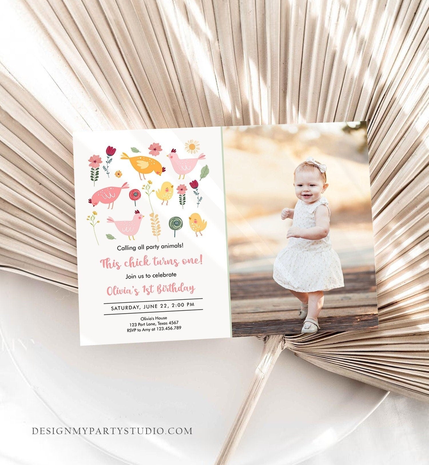 Editable Little Chick Birthday Invitation Girl Spring Birthday Party Farm Barnyard Chicken Easter Digital Download Template Printable 0446