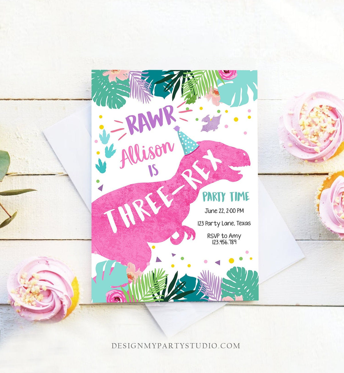 Editable Three-Rex Dinosaur Birthday Invitation Dino T-Rex Third Birthday 3rd Rawr Girl Pink Prehistoric Digital Template Printable 0423