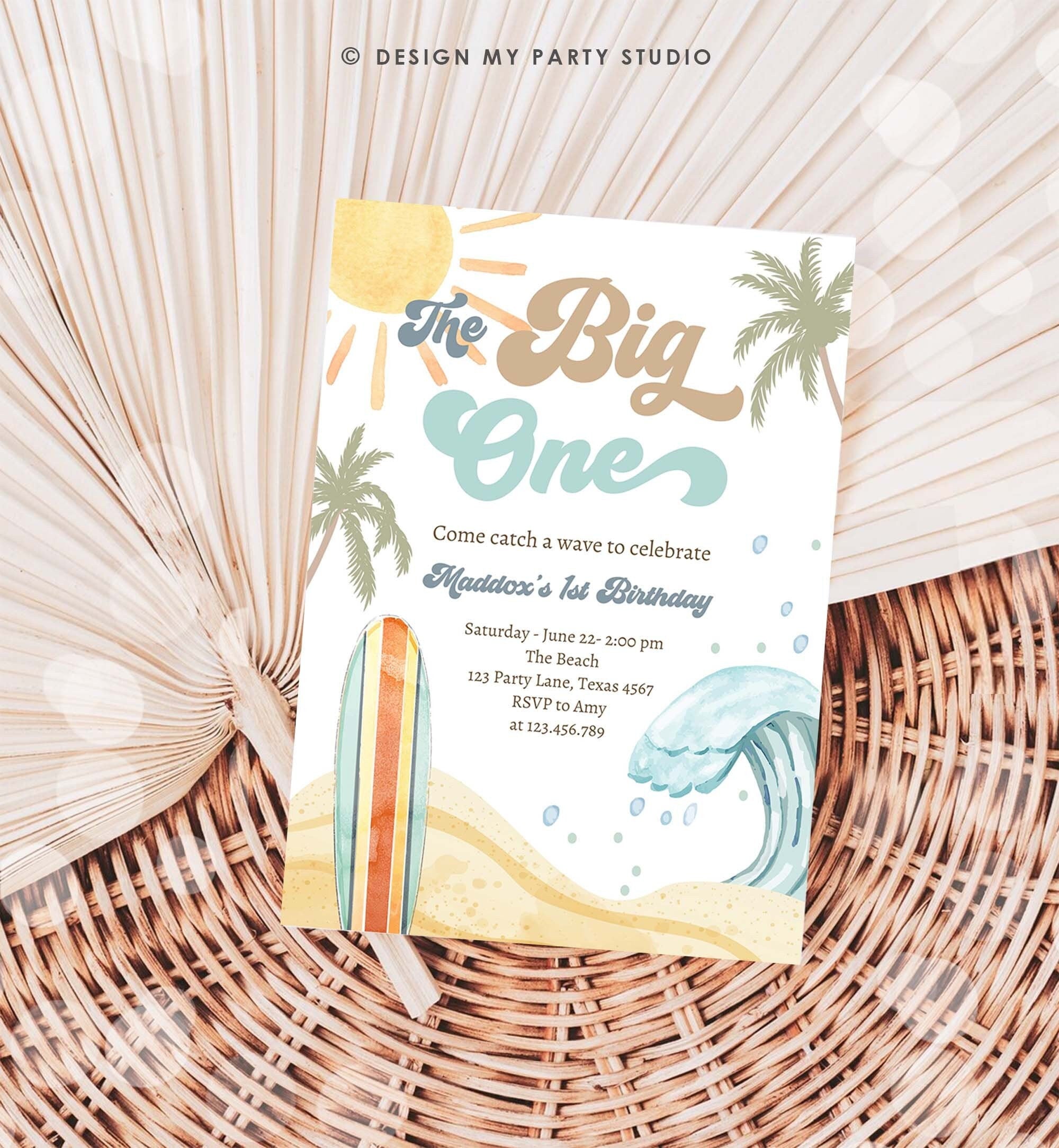 Editable The Big One Surf 1st Birthday Invitation Retro Surfboard Beach Party Wave Surfer Boho Digital Download Template Printable 0433