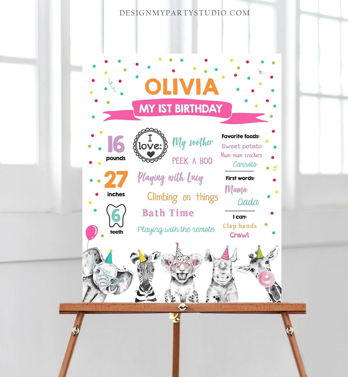 Editable Party Animals Birthday Milestones Sign Girl Pink Blue First Birthday 1st Safari Animals Wild Zoo Digital Template Printable 0390