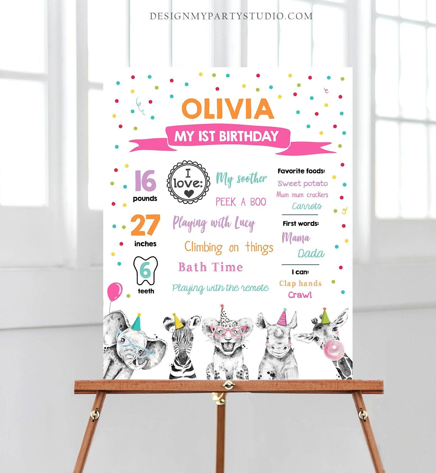 Editable Party Animals Birthday Milestones Sign Girl Pink Blue First Birthday 1st Safari Animals Wild Zoo Digital Template Printable 0390