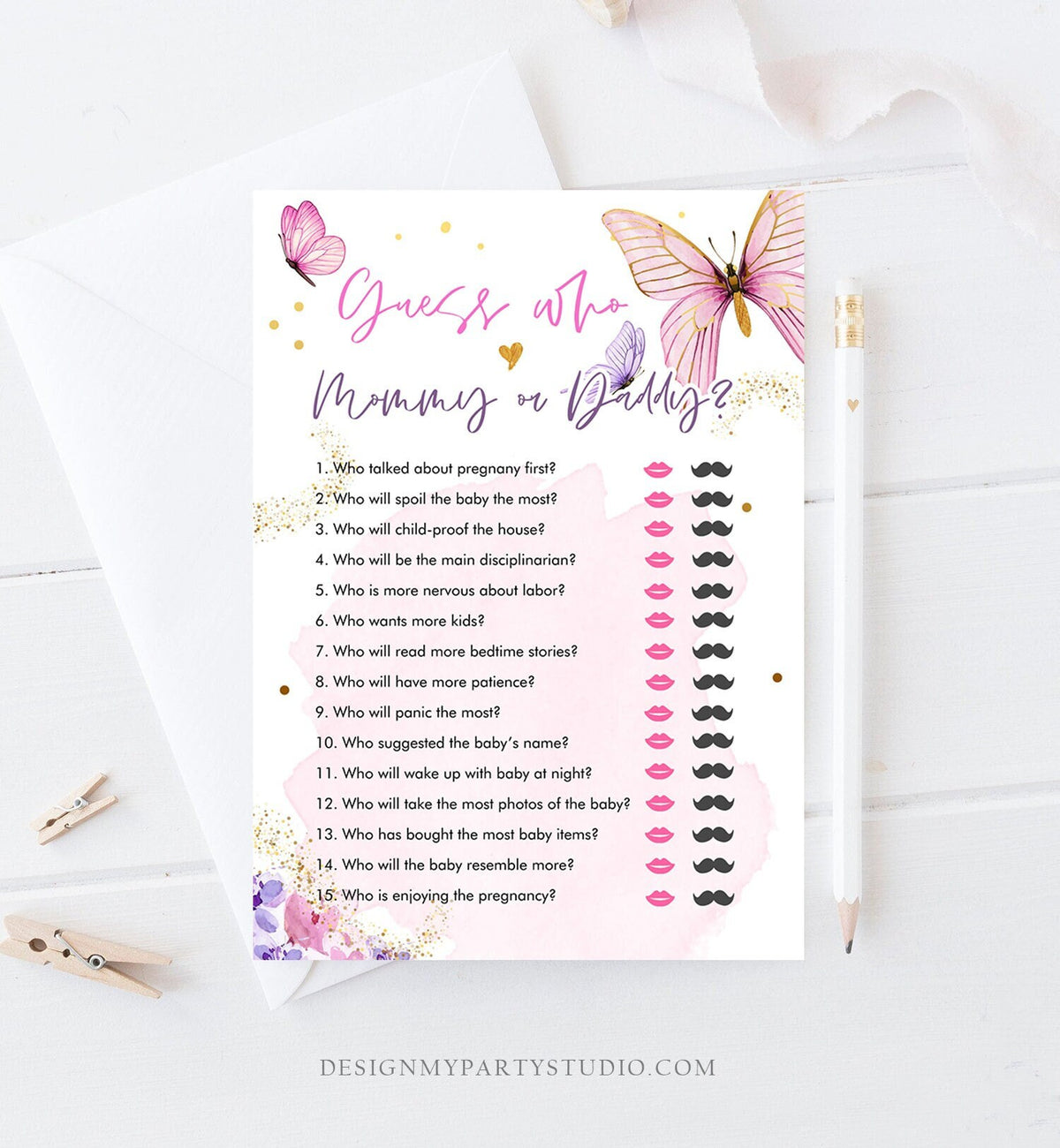 Editable Guess Who Mommy or Daddy Baby Shower Game Butterfly Baby Shower Floral Butterflies Pink Activity Digital Template Printable 0437