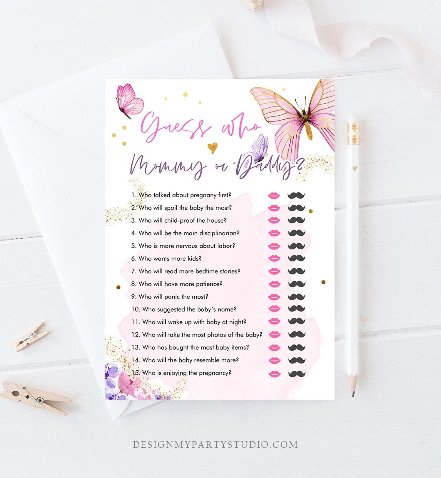 Editable Guess Who Mommy or Daddy Baby Shower Game Butterfly Baby Shower Floral Butterflies Pink Activity Digital Template Printable 0437