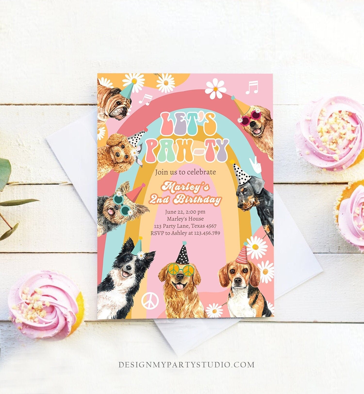 Editable Groovy Dog Birthday Party Invitation Retro Groovy Puppy Girl Doggy Daisy Lets Pawty Digital Download Evite Template Printable 0463
