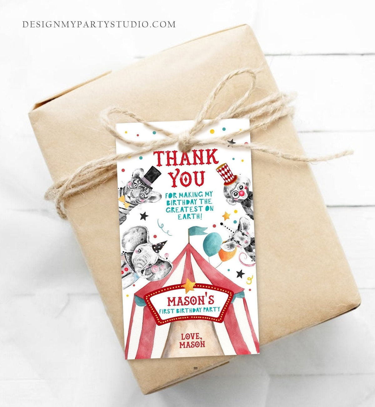 Editable Circus Favor Tag Carnival Festival Birthday Thank You Boy Vintage Label Animals Party Digital Download Template Printable 0355
