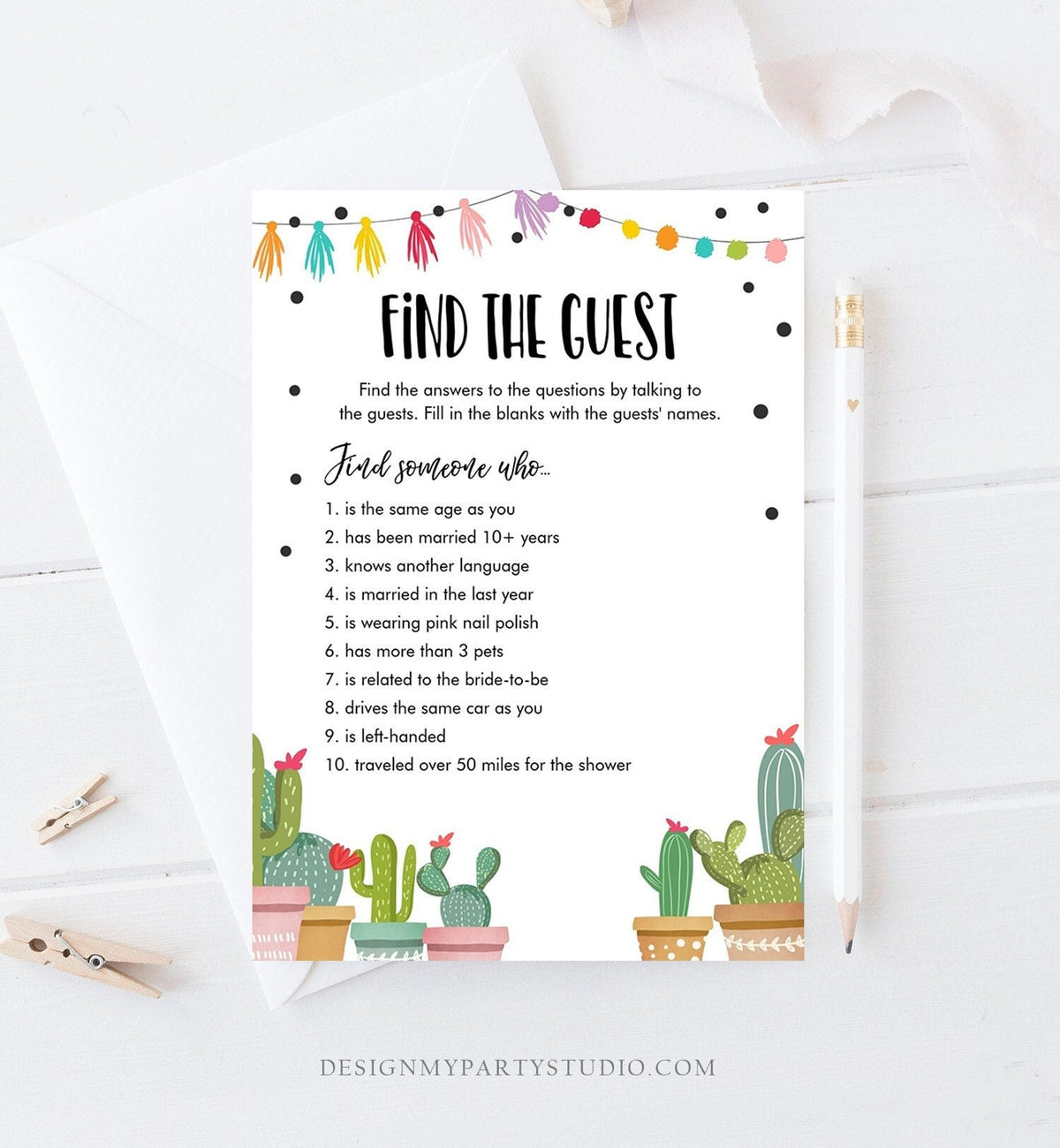 Editable Find the Guest Bridal Shower Game Cactus Fiesta Mexican Couples Games Succulent Wedding Activity Digital Template Printable 0254