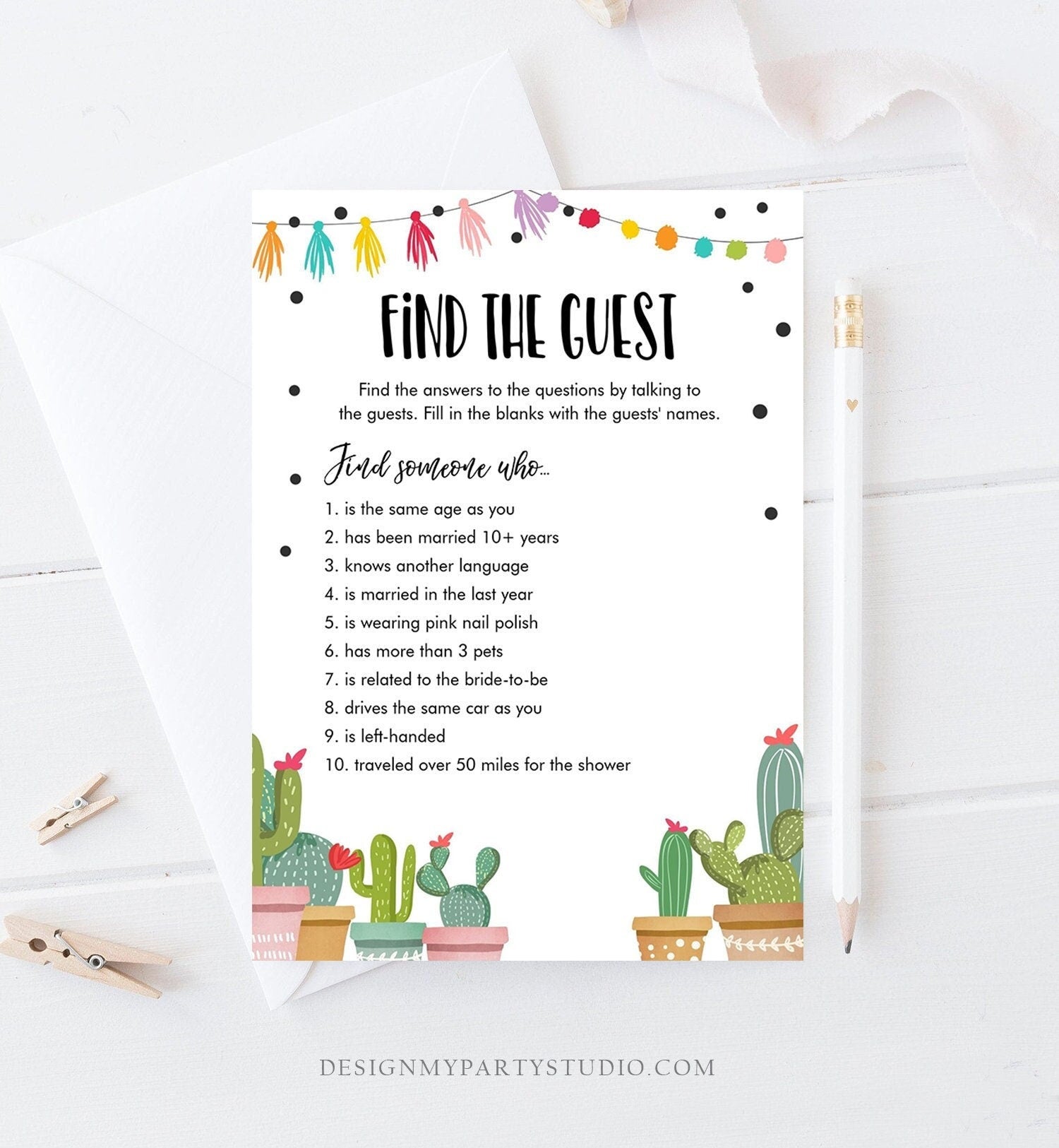 Editable Find the Guest Bridal Shower Game Cactus Fiesta Mexican Couples Games Succulent Wedding Activity Digital Template Printable 0254