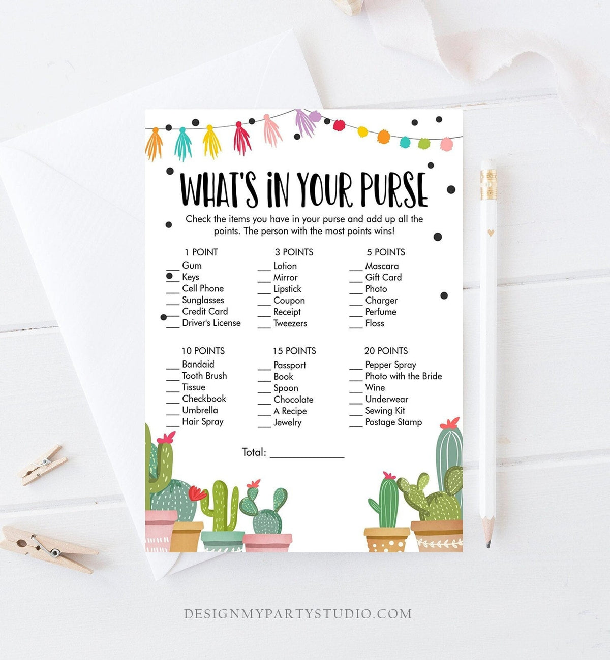 Editable Whats in Your Purse Bridal Shower Game Cactus Fiesta Mexican Coed Shower Succulent Wedding Activity Corjl Template Printable 0254