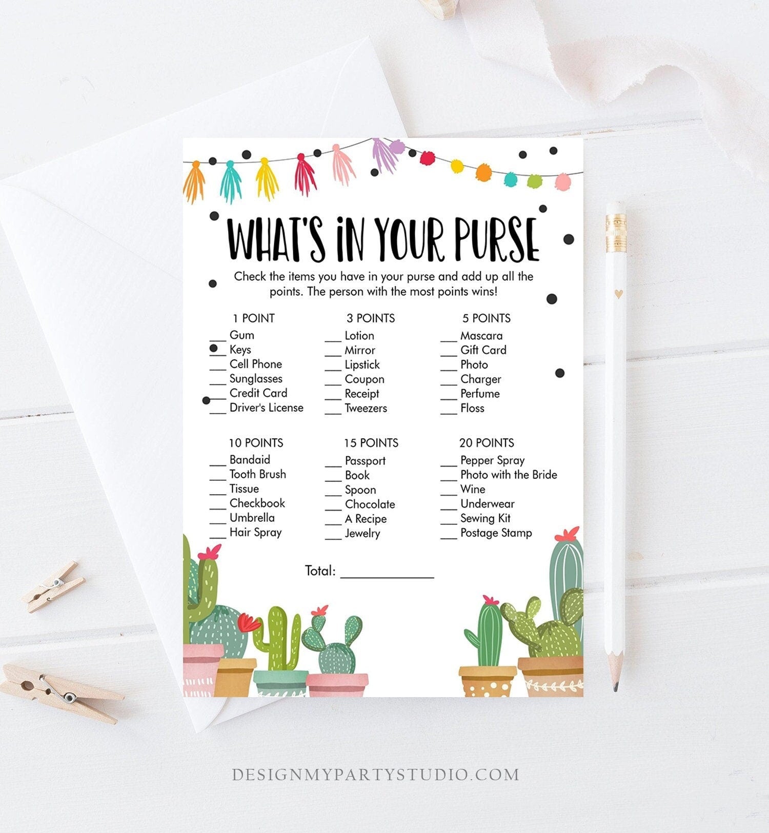 Editable Whats in Your Purse Bridal Shower Game Cactus Fiesta Mexican Coed Shower Succulent Wedding Activity Corjl Template Printable 0254